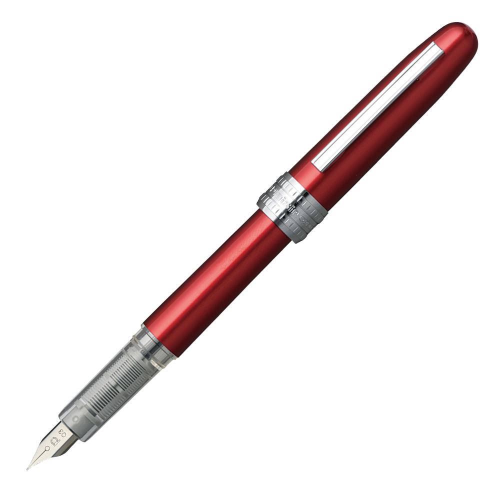 Platinum Plaisir Red Füllfederhalter mit rotem Aluminium-Korpus und feiner Stahlfeder, ausgestattet mit einem klaren Kunststoffgriff.