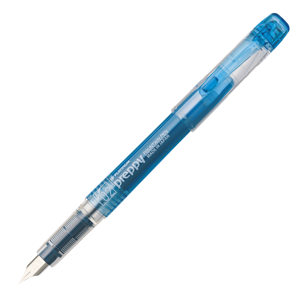 Platinum Preppy Füllhalter Blue Black EF mit blauem Kunststoff-Korpus, feiner Edelstahlfeder und klarem Kunststoffgriff.