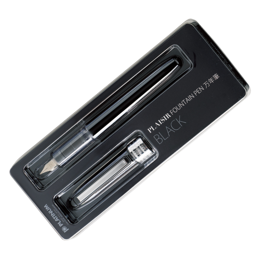 Platinum Plaisir Black Füllfederhalter in Geschenkverpackung mit Tintenpatrone.