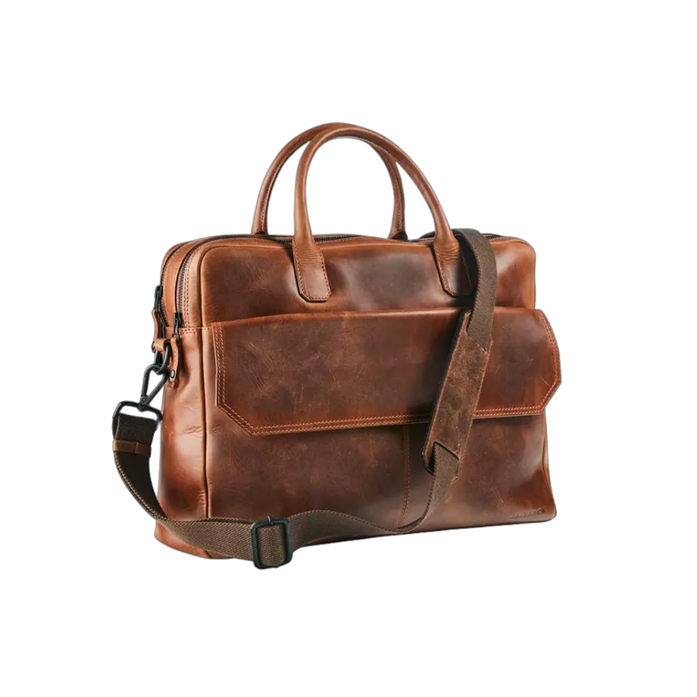 Maverick Leder-Aktentasche, braunes Leder, mit Schultergurt