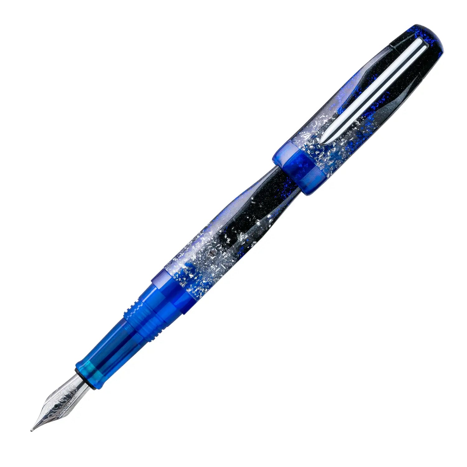Benu AstroGem Pallas Füllfederhalter aus graphitfarbenem Resin mit metallischen und blauen Glitzerwellen und Edelstahlclip