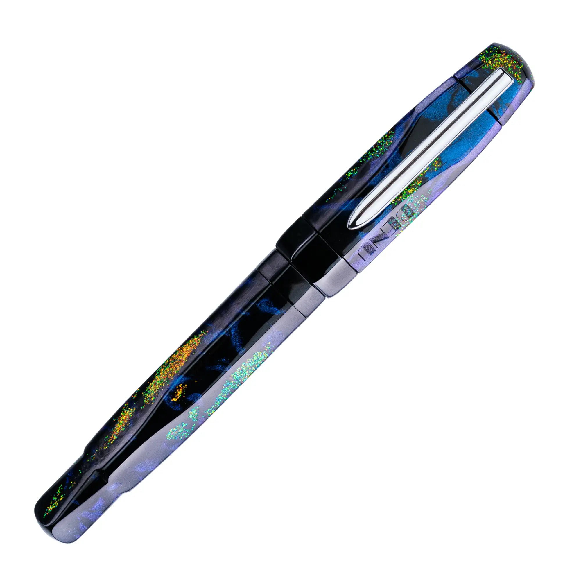 Benu AstroGem Echo Füllfederhalter aus blau-lila Resin mit grün-gelbem Glitzereffekt und Edelstahlclip