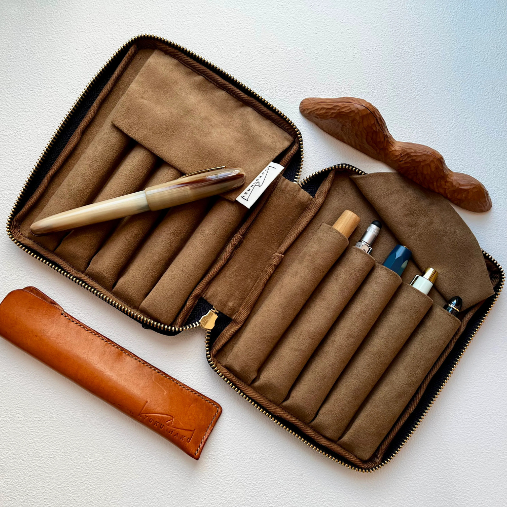 Kyoku haku soft Vegetable Tanned Leather Pen Case Orange für 10 Schreibgeräte