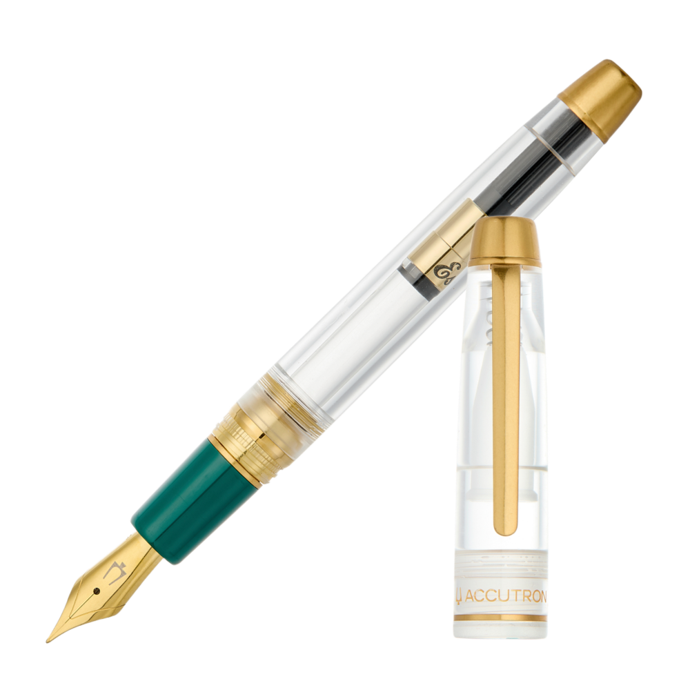Esterbrook × Accutron Spaceview Gold Trim Füllfederhalter aus transparentem Acryl mit grünem Griffstück und vergoldeten Metallteilen