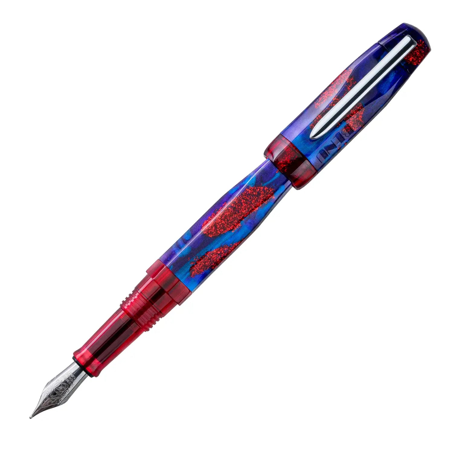 Benu AstroGem Apollo Füllfederhalter aus blau-lila Resin mit roten Glitzerpartikeln und Edelstahlclip