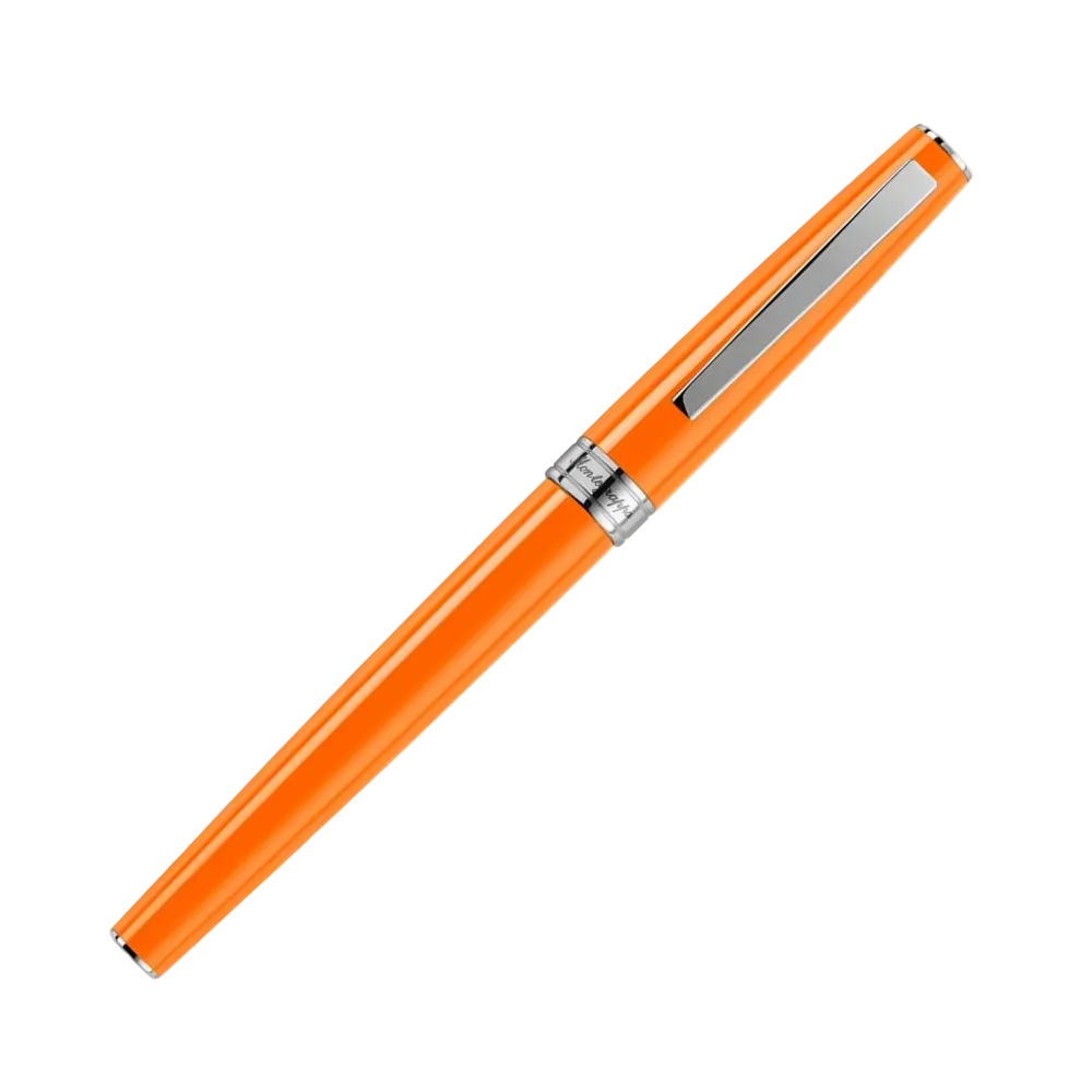 Close-up of the Armonia Fountain Pen showcasing the nib and bright orange barrel.