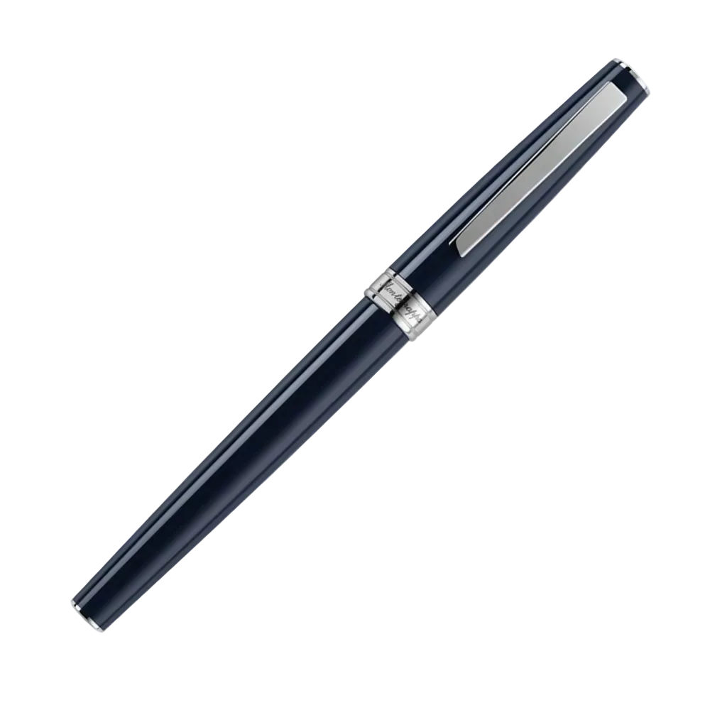 Close-up of the Armonia Mini Fountain Pen showcasing the nib and dark blue barrel.