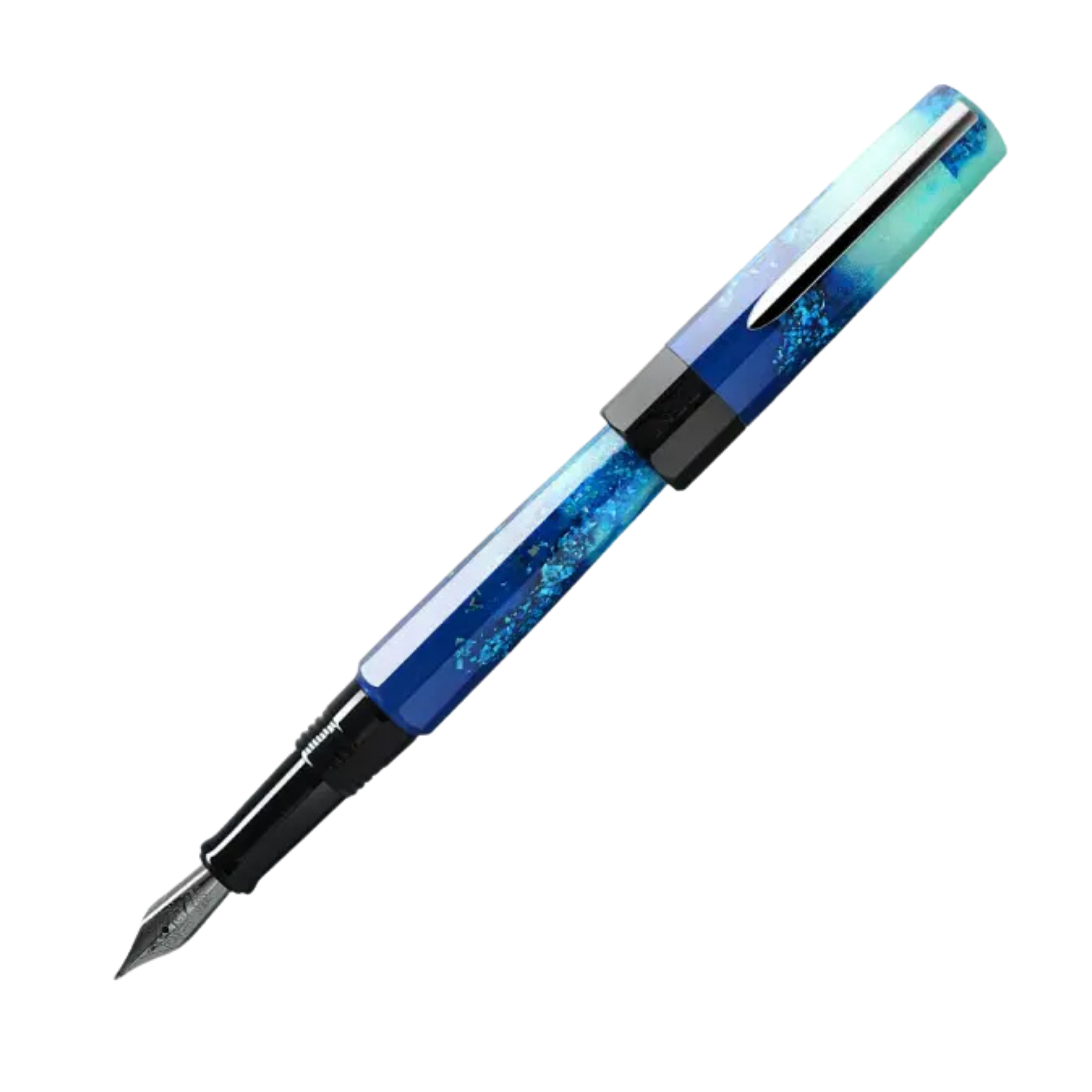 Benu Euphoria Big Wave Füllfederhalter aus ozeanblauem und türkisem Resin mit weißen Wellenakzenten und Edelstahlclip