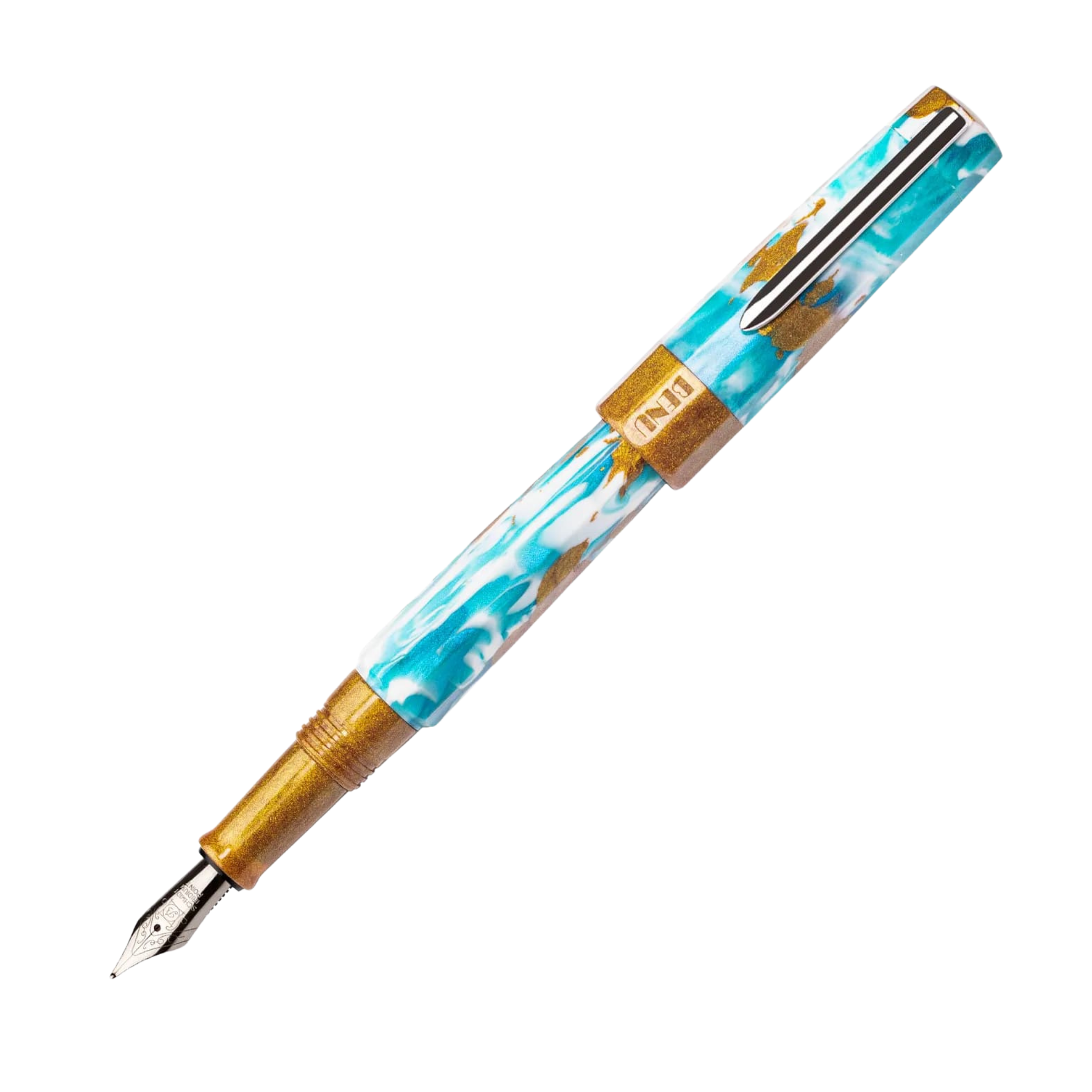 Benu Euphoria Blue Hawaiian Füllfederhalter aus blauem Resin mit cremeweiß und sonnigem Gelb inspiriert vom tropischen Cocktail und Edelstahlclip