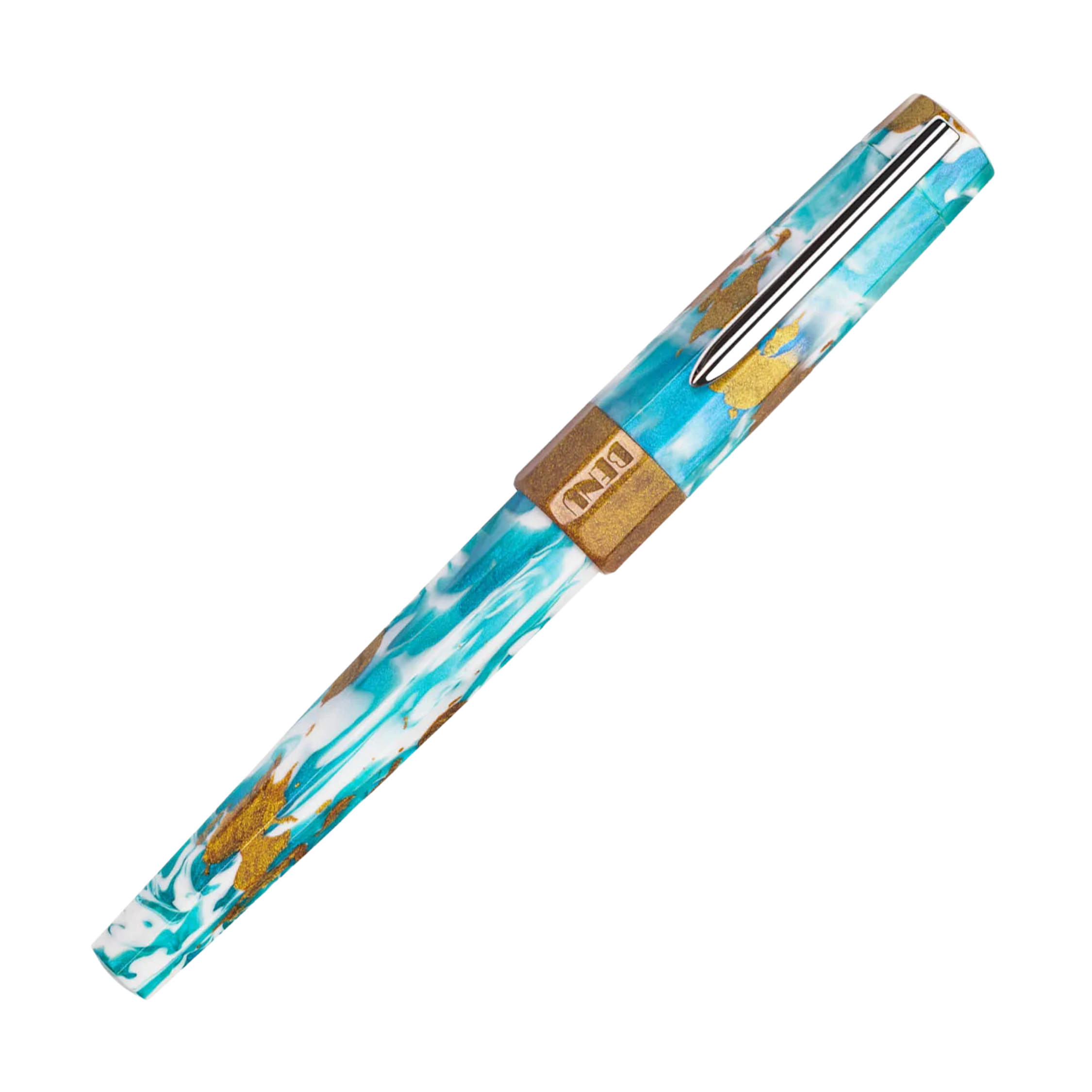 Benu Euphoria Blue Hawaiian Füllfederhalter aus blauem Resin mit cremeweiß und sonnigem Gelb inspiriert vom tropischen Cocktail und Edelstahlclip
