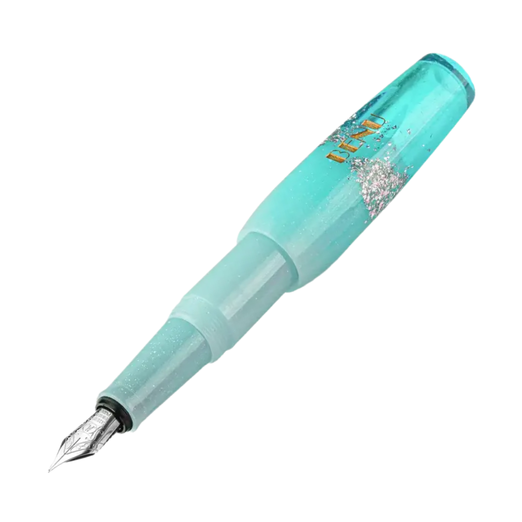 Benu Pixie Enchanted Pastels Füllfederhalter aus cremefarbenem, bubblegumrosa und aquablauem Pastellresin mit Bronze, Gold und Silberglitter im kompakten Miniaturformat