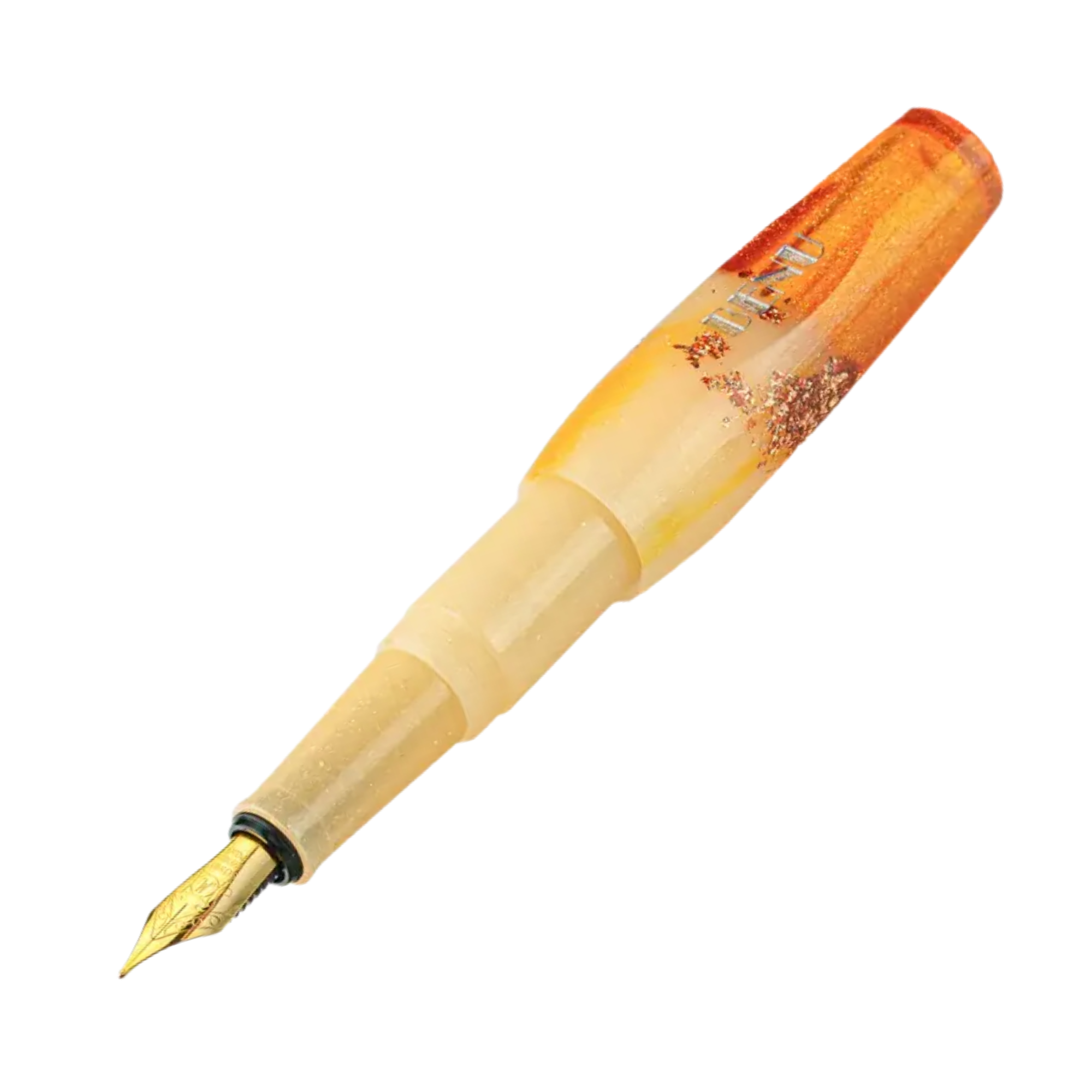 Benu Pixie Enchanted Pastels Füllfederhalter aus cremefarbenem, bubblegumrosa und aquablauem Pastellresin mit Bronze, Gold und Silberglitter im kompakten Miniaturformat