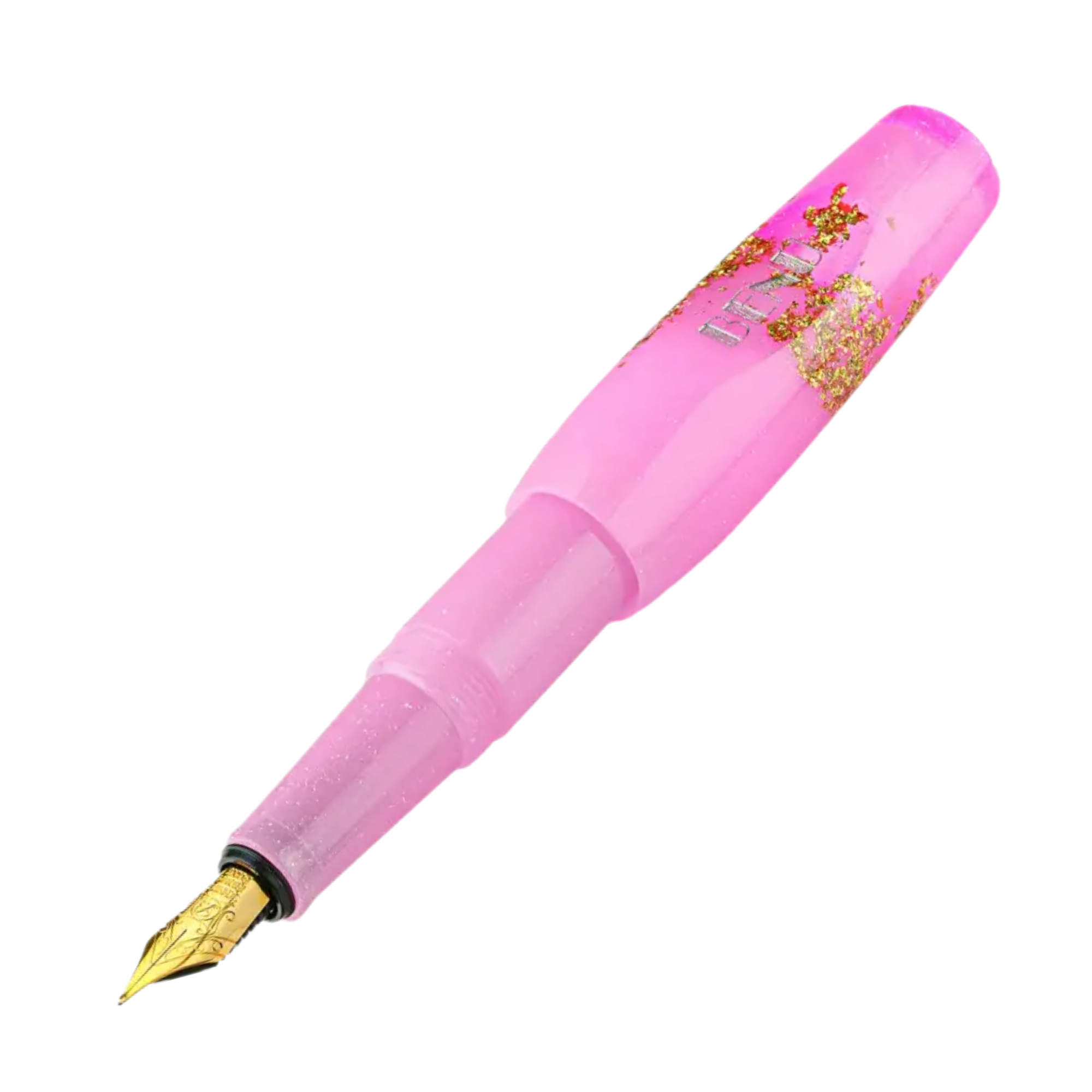 Benu Pixie Enchanted Pastels Füllfederhalter aus cremefarbenem, bubblegumrosa und aquablauem Pastellresin mit Bronze, Gold und Silberglitter im kompakten Miniaturformat