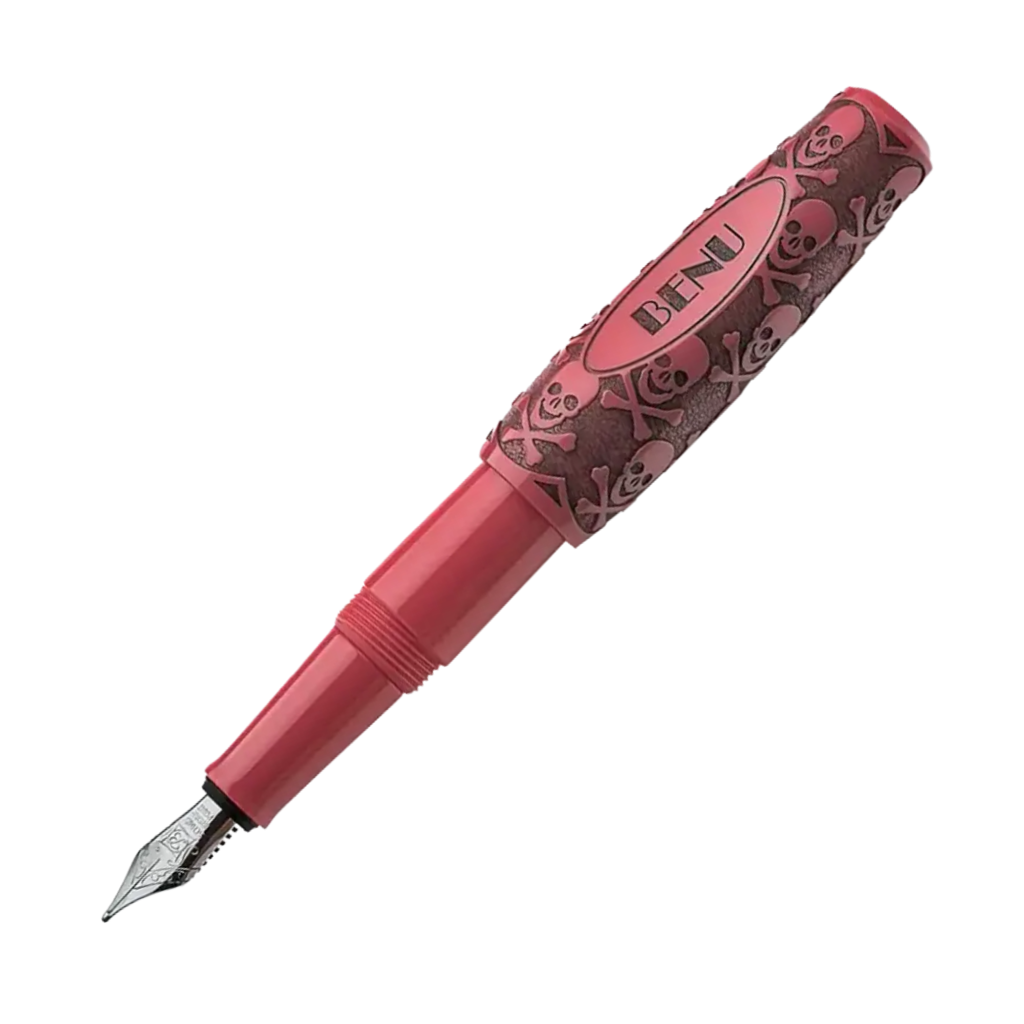 Benu Pixie Jolly Roger Vintage Füllfederhalter aus orange-pink-blauem Resin mit handaufgetragener Bitumen-Patina, antikiertem Piraten-Emblem und Schmidt-Feder