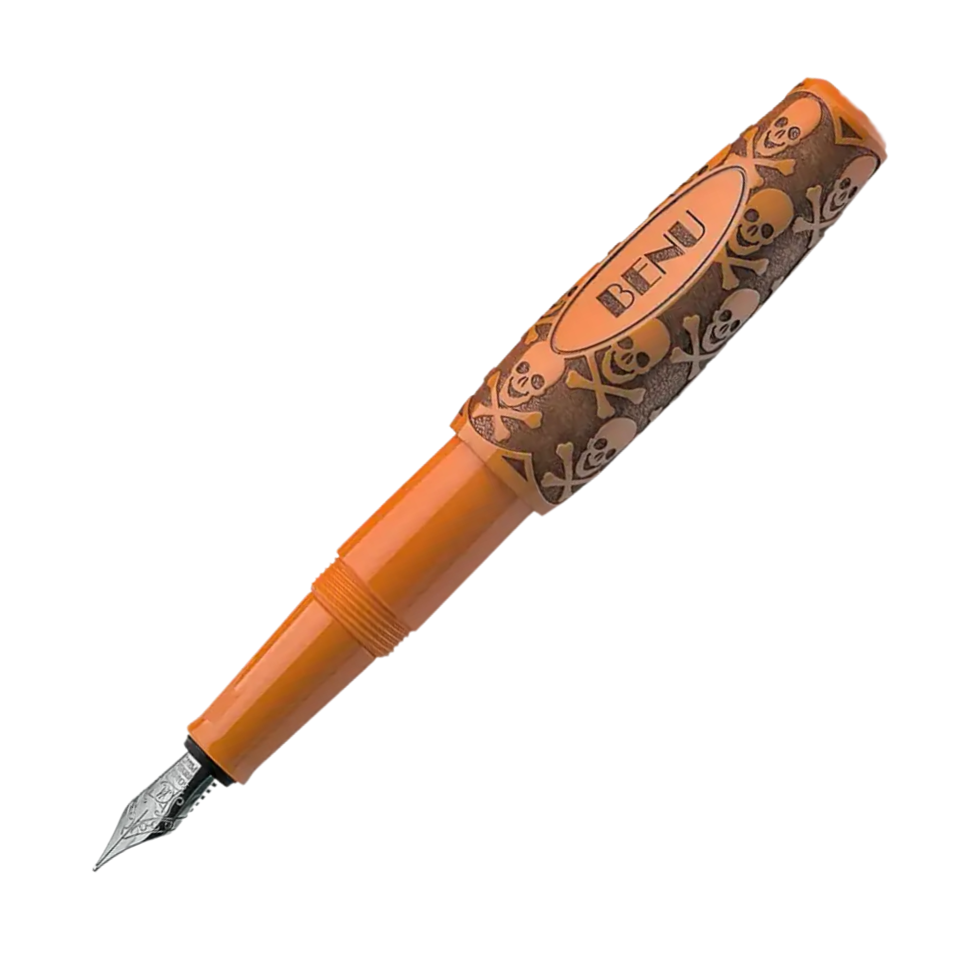 Benu Pixie Jolly Roger Vintage Füllfederhalter aus orange-pink-blauem Resin mit handaufgetragener Bitumen-Patina, antikiertem Piraten-Emblem und Schmidt-Feder