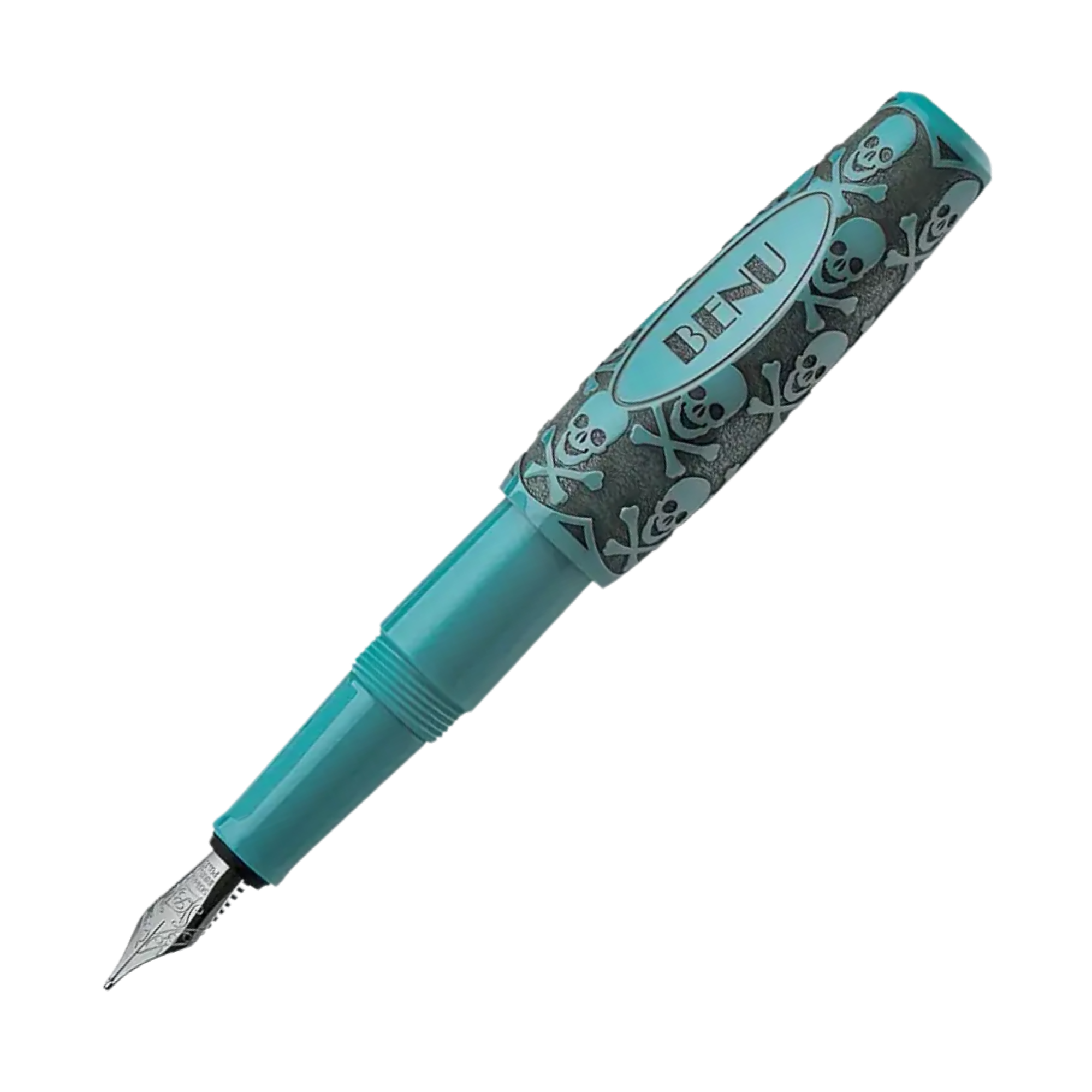 Benu Pixie Jolly Roger Vintage Füllfederhalter aus orange-pink-blauem Resin mit handaufgetragener Bitumen-Patina, antikiertem Piraten-Emblem und Schmidt-Feder