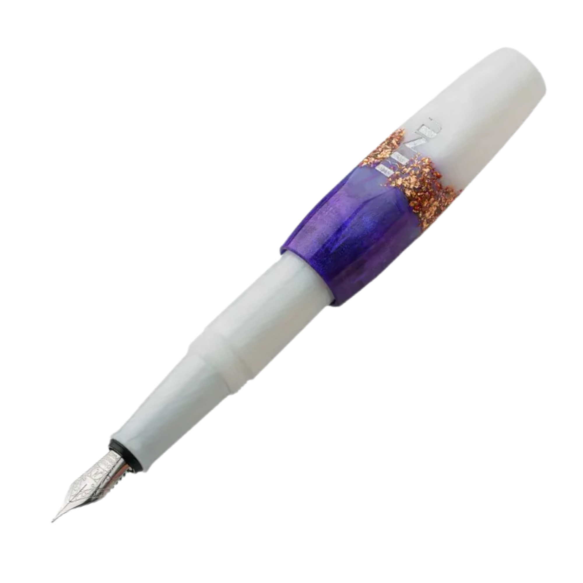 Benu Pixie Luminous Haze Füllfederhalter aus leuchtendem Resin mit schimmernden Flocken und neonblauem Glow-in-the-Dark-Effekt im kompakten Miniaturformat
