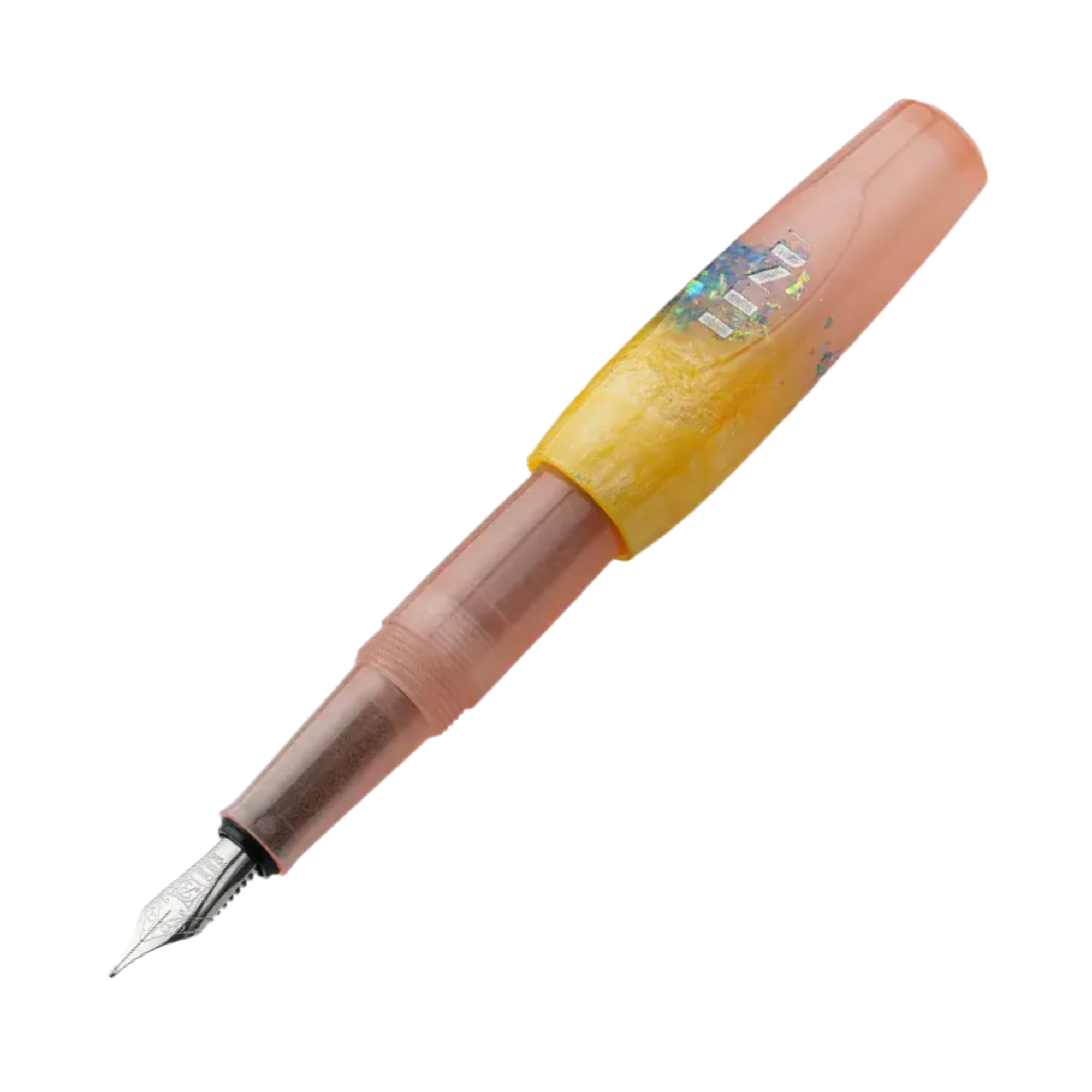 Benu Pixie Luminous Haze Füllfederhalter aus leuchtendem Resin mit schimmernden Flocken und neonblauem Glow-in-the-Dark-Effekt im kompakten Miniaturformat
