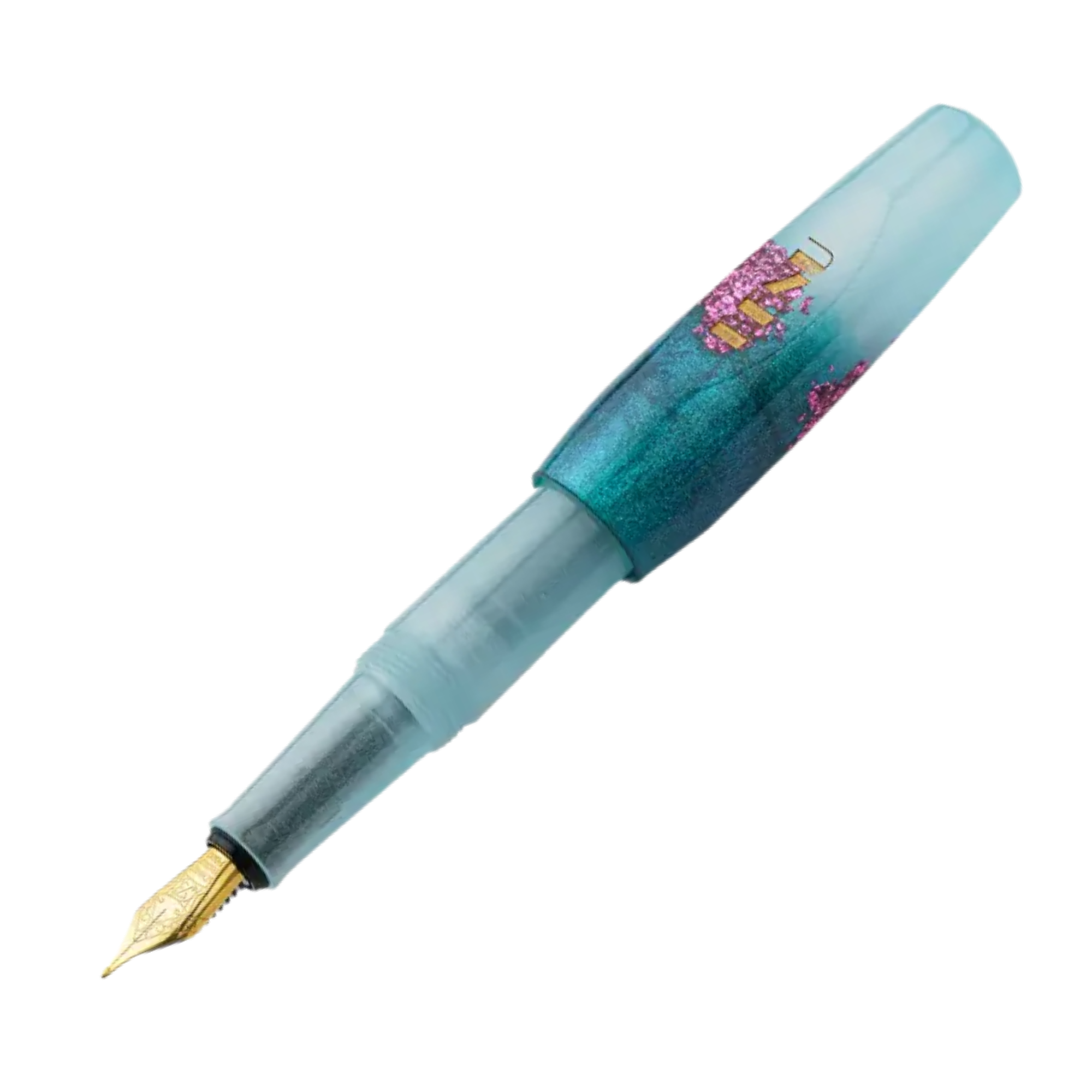 Benu Pixie Luminous Haze Füllfederhalter aus leuchtendem Resin mit schimmernden Flocken und neonblauem Glow-in-the-Dark-Effekt im kompakten Miniaturformat