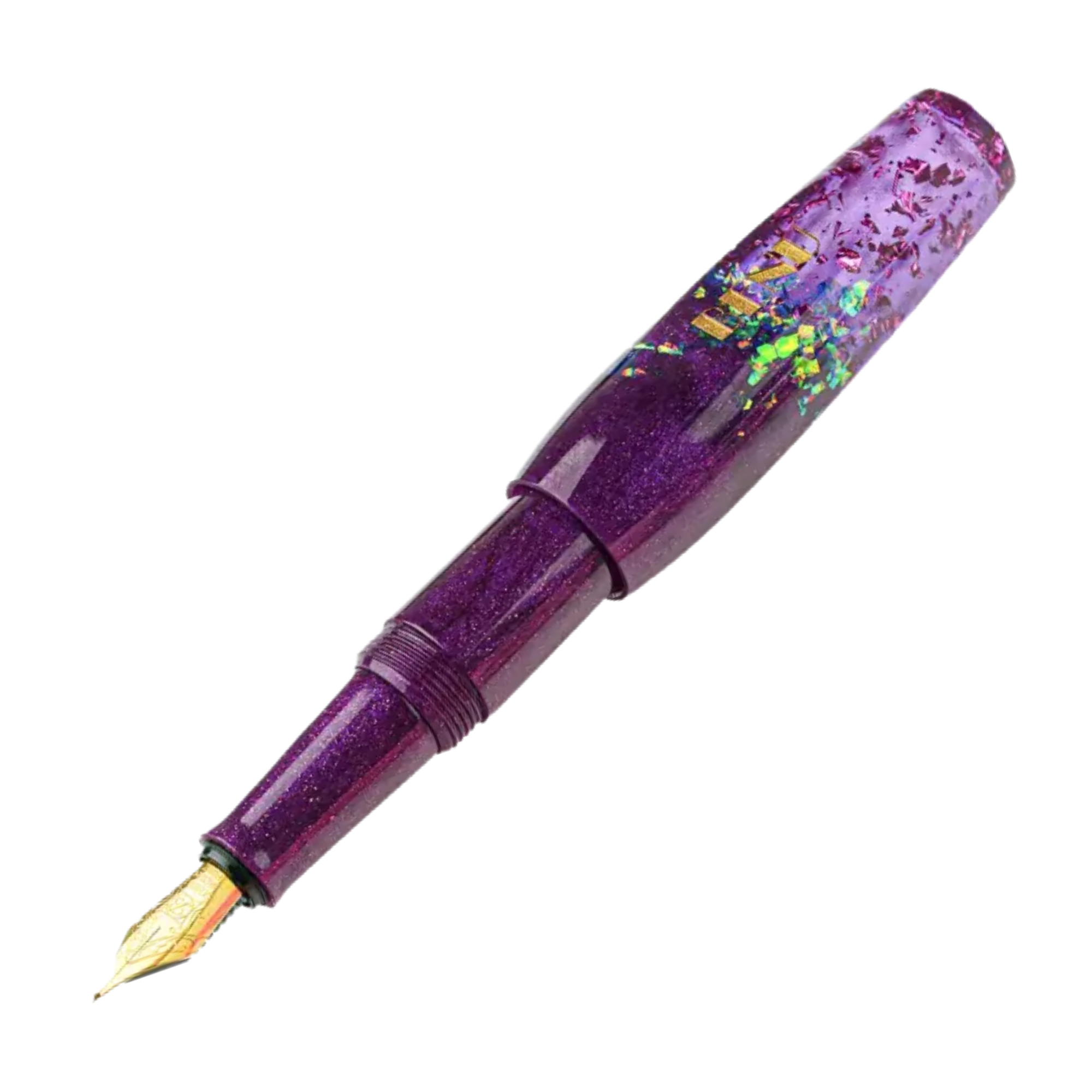 Benu Pixie Magenta Madness Füllfederhalter aus leuchtendem Fuchsia, Hot-Pink und Electric-Berry Resin mit funkelndem Glitter im kompakten Miniaturformat