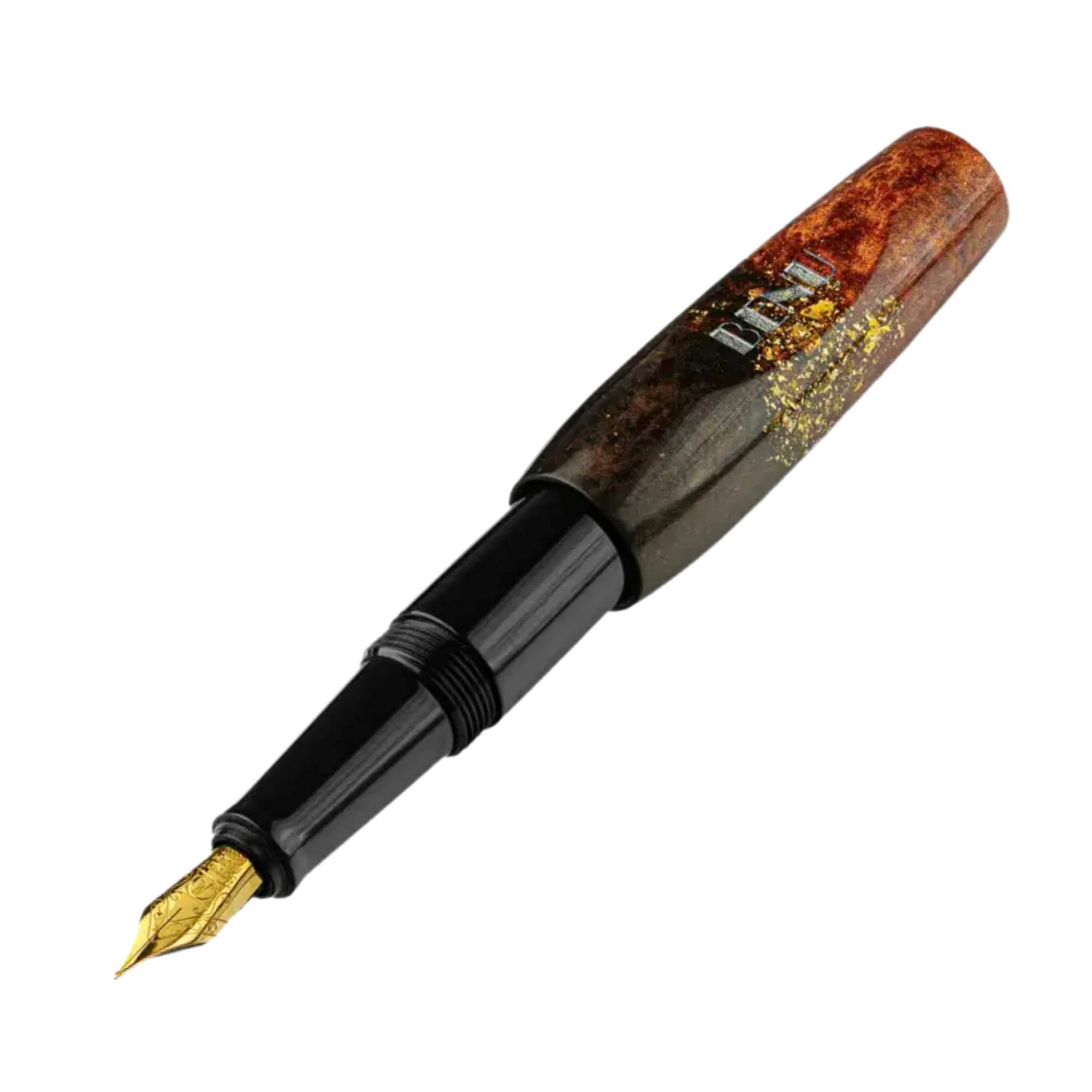 Benu Pixie Metallic Dust Füllfederhalter aus rauchschwarzem und bronzefarbenem Resin mit Gold, Kupfer und Silber Metallicglanz im kompakten Miniaturformat
