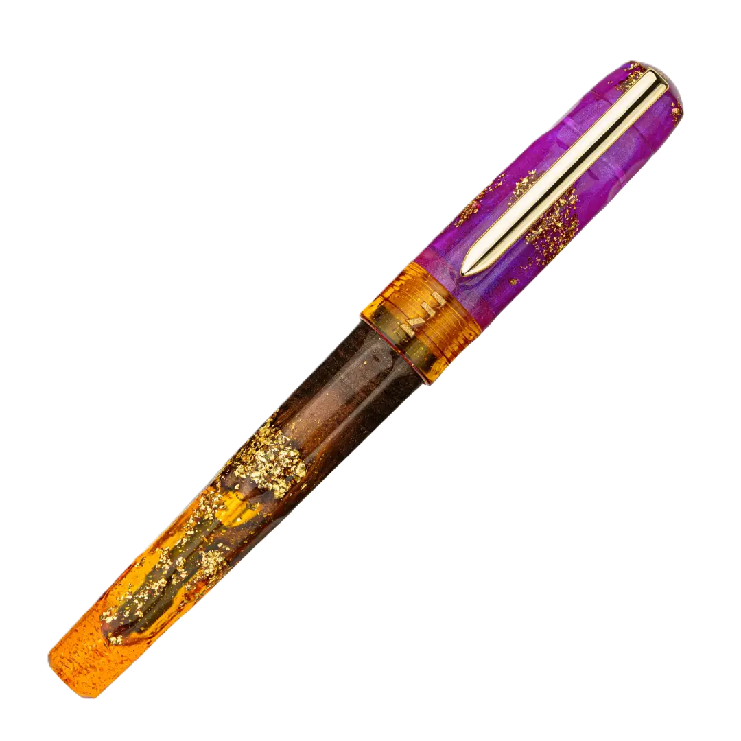 Benu Talisman Ametrine Füllfederhalter aus hochwertigem Resin mit echtem Ametrin-Edelstein, vergoldetem Clip und Edelstahlfeder #6