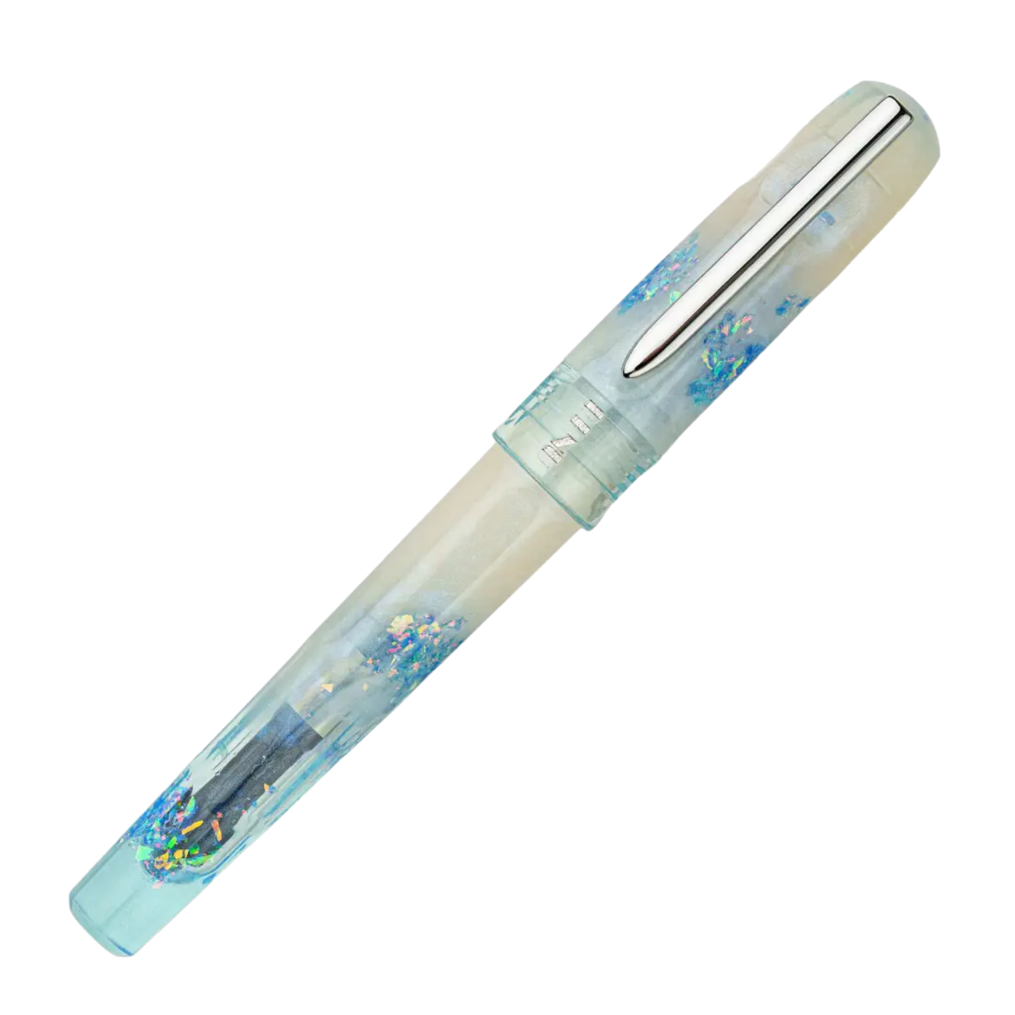 Benu Talisman Moonstone Füllfederhalter aus hochwertigem Resin mit echtem Mondstein, schimmerndem Weißblau und Edelstahlclip
