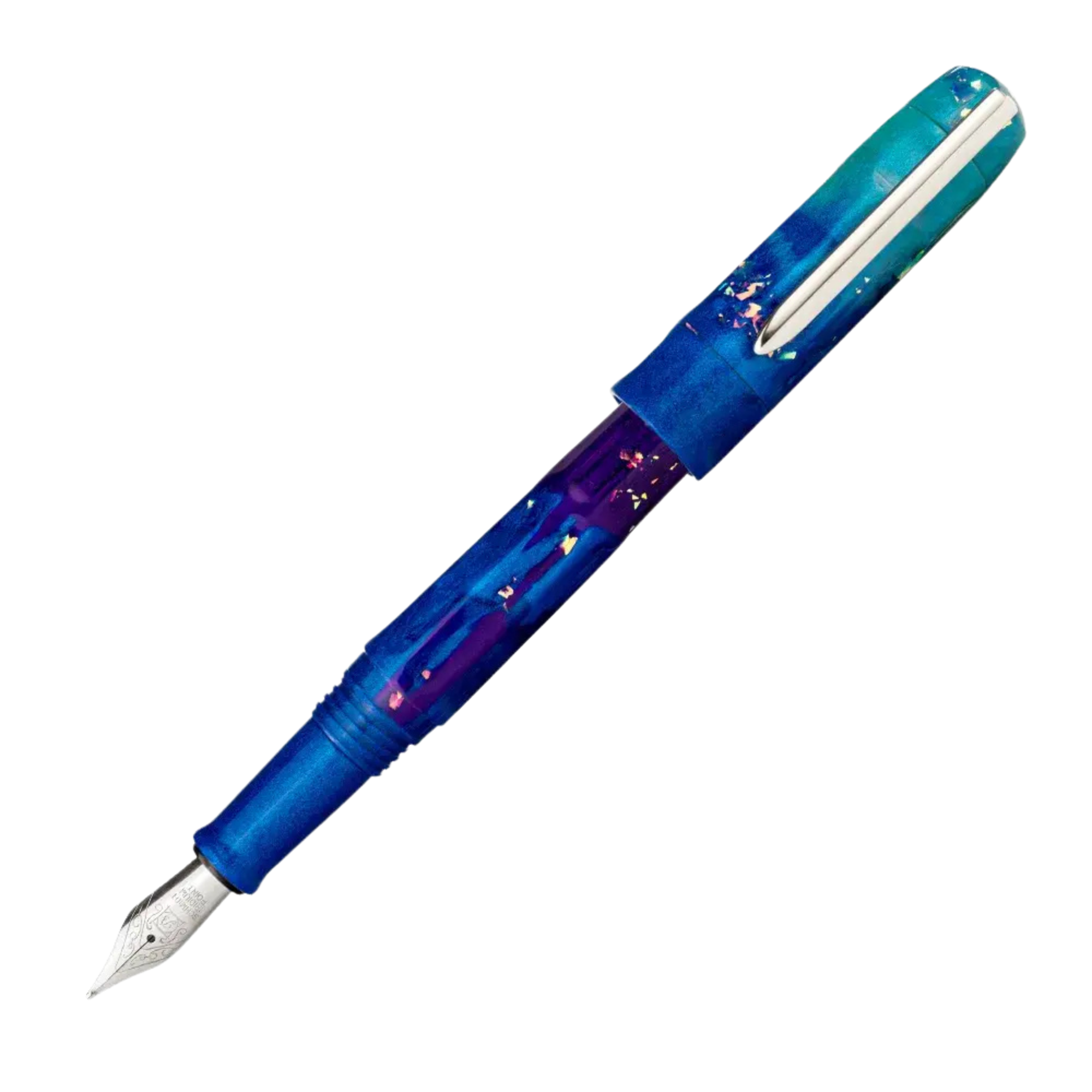 Benu Talisman Peacock Ore Füllfederhalter aus hochwertigem Resin mit echtem Pfauenerz-Pulver, schillernden Regenbogenfarben und Edelstahlclip