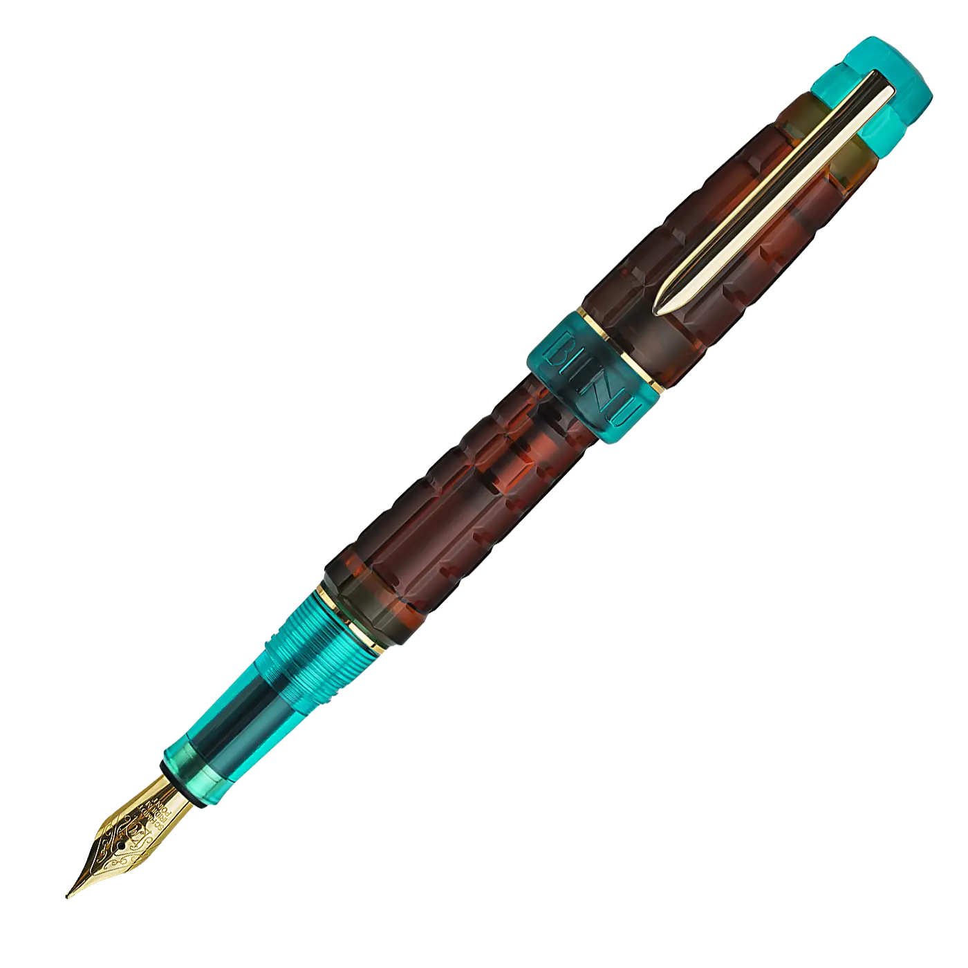 Benu Tessera Ribbon Turquoise Füllfederhalter aus mattem türkisem Resin mit glänzenden Innenfacetten im Mosaik-Tessera-Design und vergoldetem Clip
