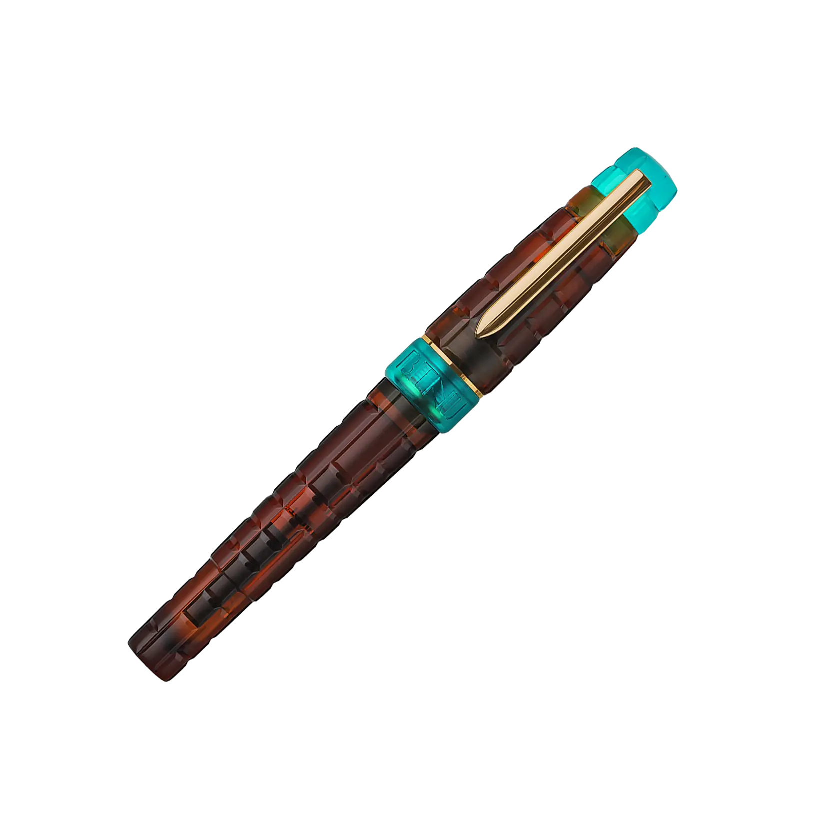 Benu Tessera Ribbon Turquoise Füllfederhalter aus mattem türkisem Resin mit glänzenden Innenfacetten im Mosaik-Tessera-Design und vergoldetem Clip