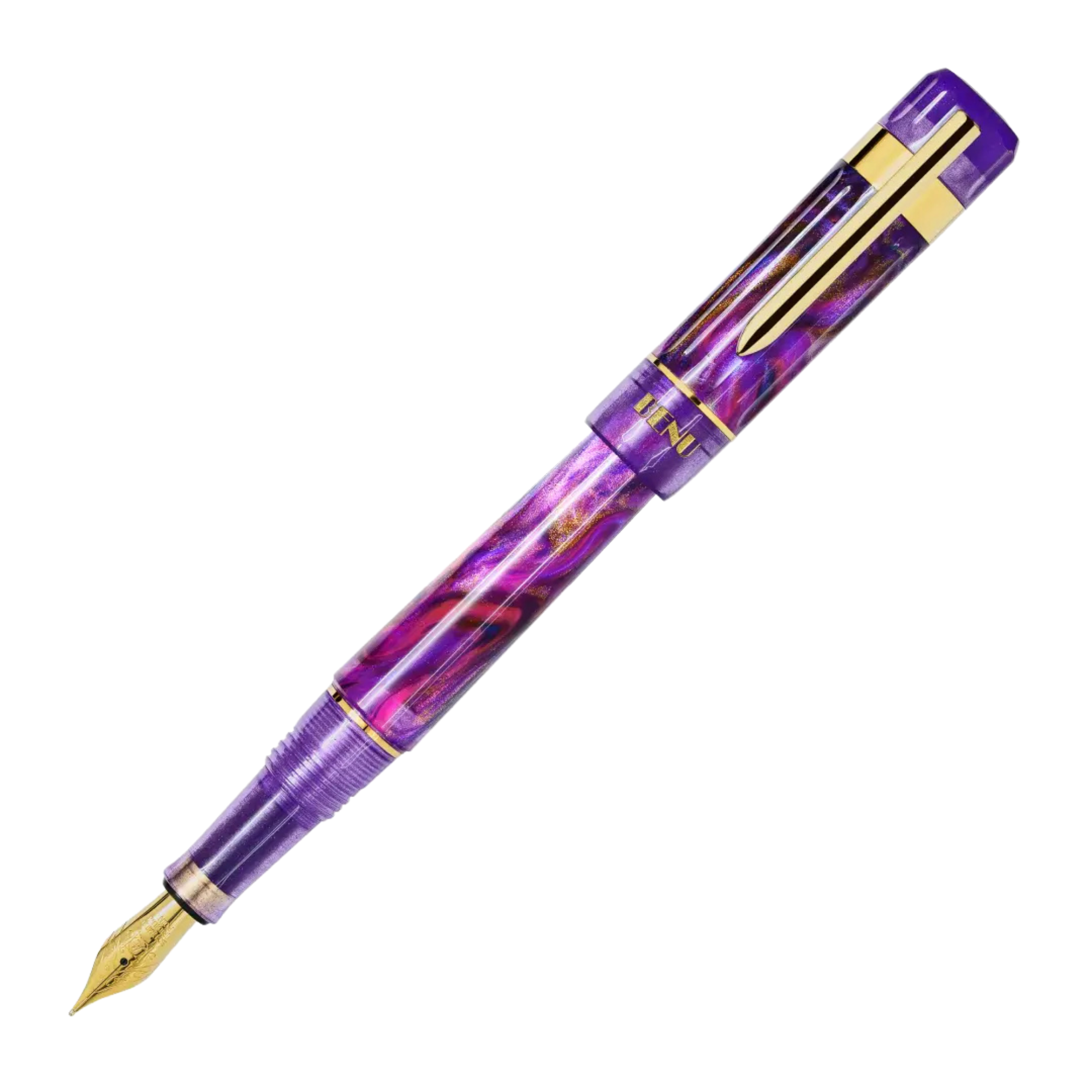 Benu Tribute Matisse Füllfederhalter aus prismatischem violettem Resin mit Fuchsia und Rosakzenten inspiriert von Henri Matisses kühner Farbpalette und vergoldetem Clip