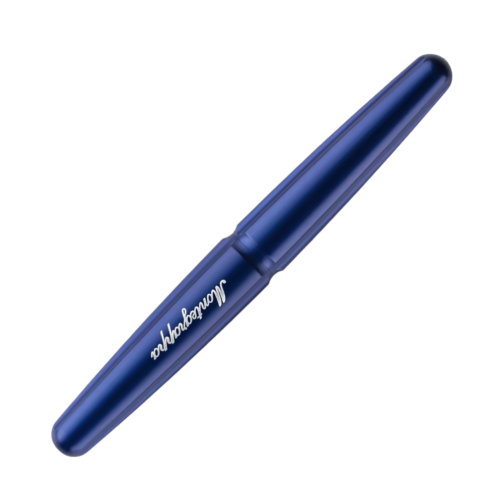 Close-up of the Montegrappa Festival Marker Blue Rollerball, showcasing the smooth blue finish and polished stainless steel nib.