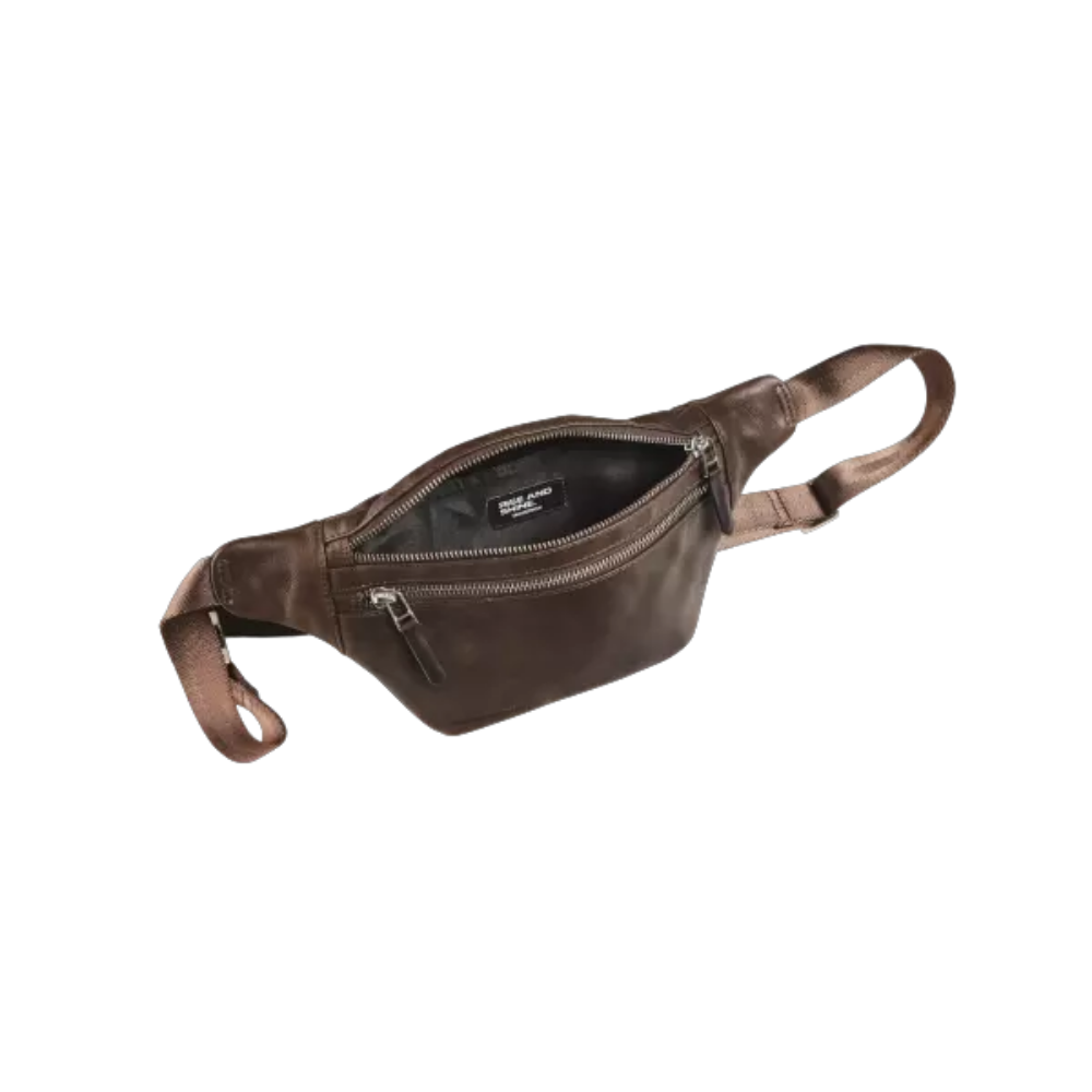 Compact Maverick brown leather bum bag with two zippered compartments for secure storage.