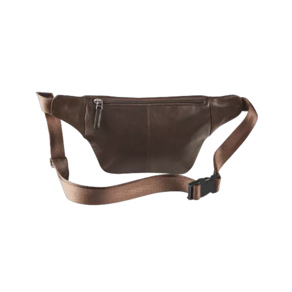 "Stylish Maverick brown leather bum bag with practical compartments and adjustable belt strap.