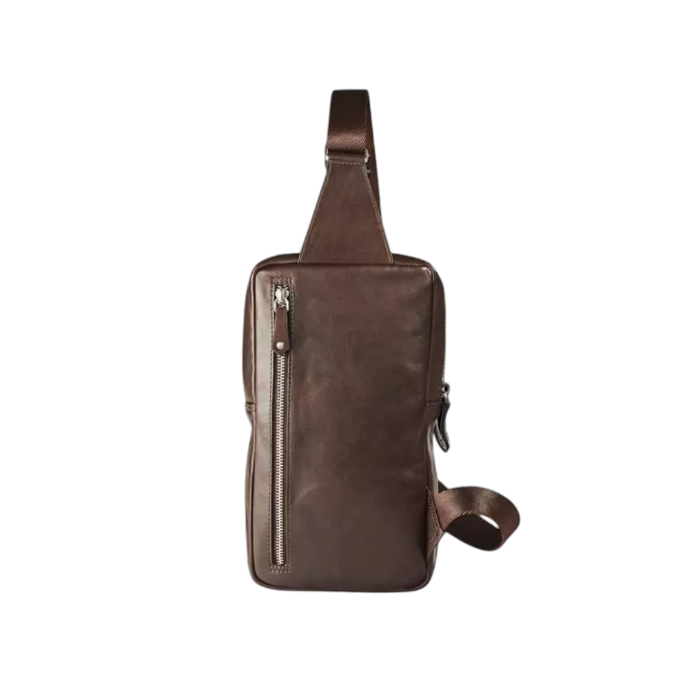 Compact Maverick brown leather crossbody bag with side pocket and sleek design.