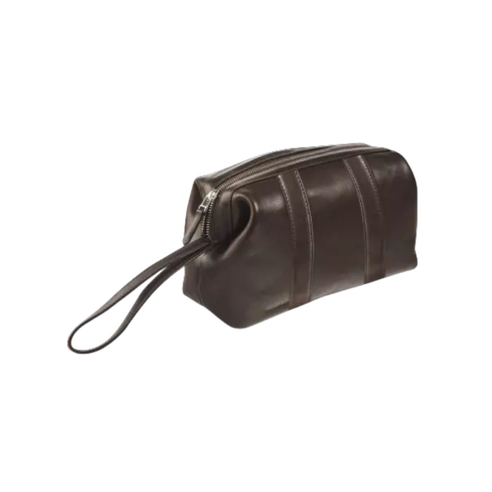 Maverick brown leather oval toilet bag with practical loop and water-resistant interior.