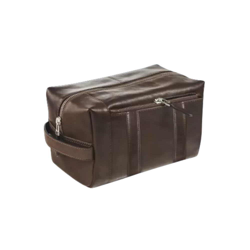 Maverick brown leather toilet bag with practical zipper and side loop for easy carrying.