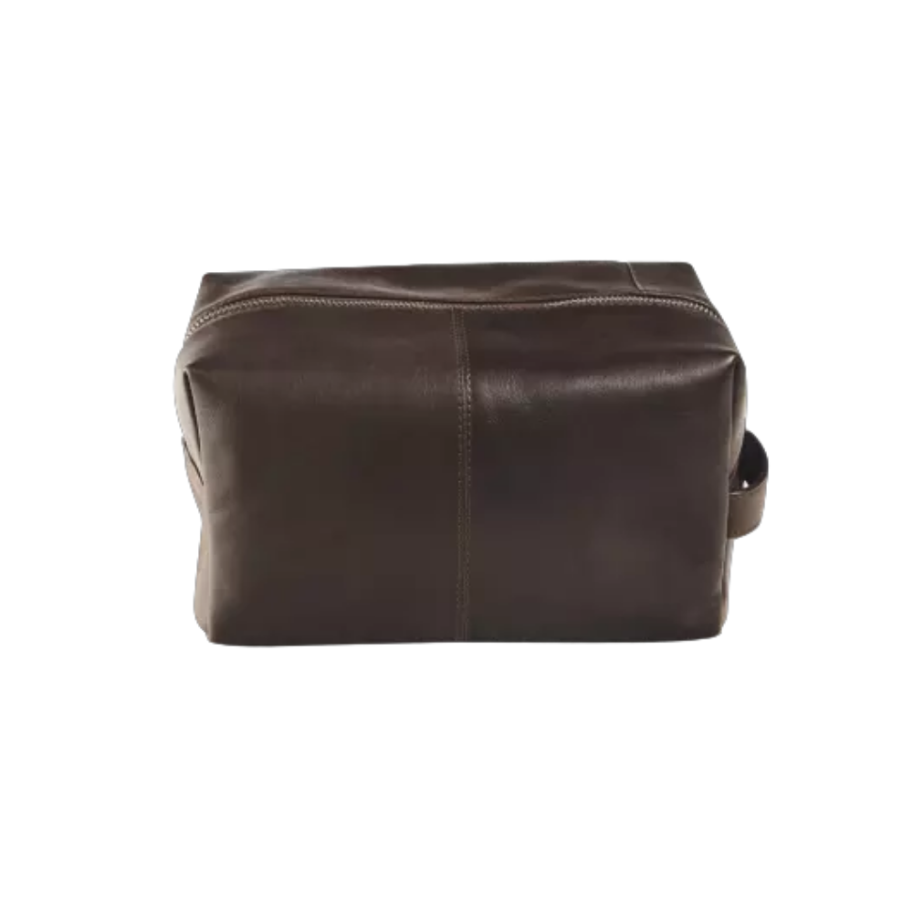 Maverick brown leather travel toiletry bag featuring multiple compartments and a sturdy handle.