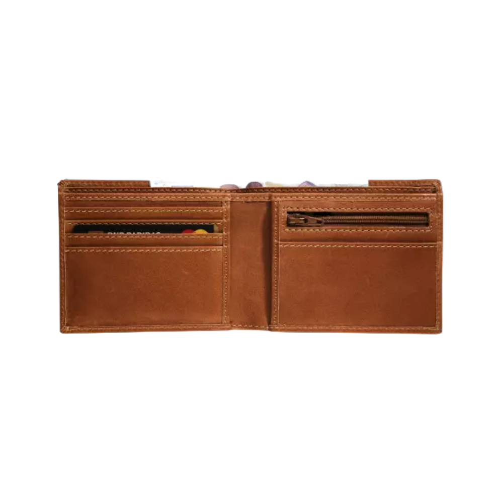 Compact Maverick cognac leather wallet with RFID protection, 4 card slots, and a coin compartment.
