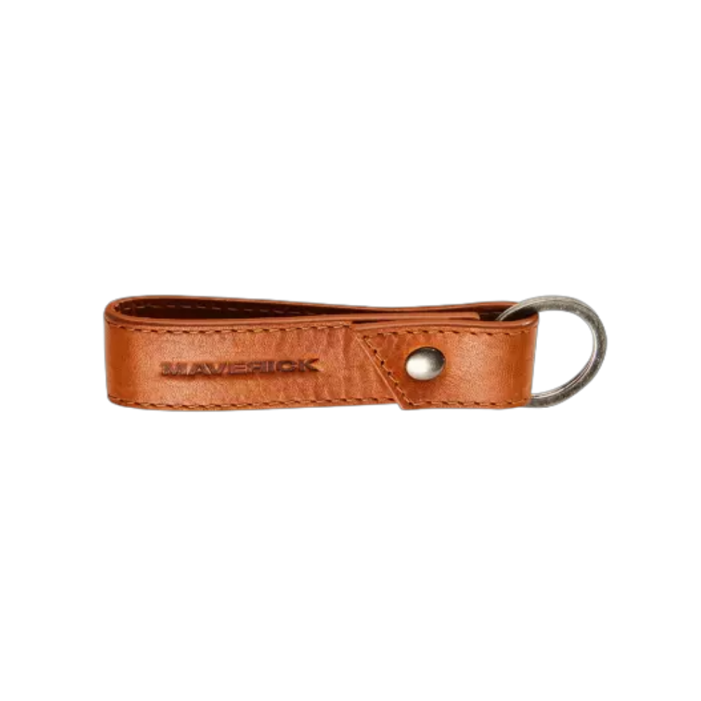 Side view of Maverick New Men leather key ring with metal keyring attached.