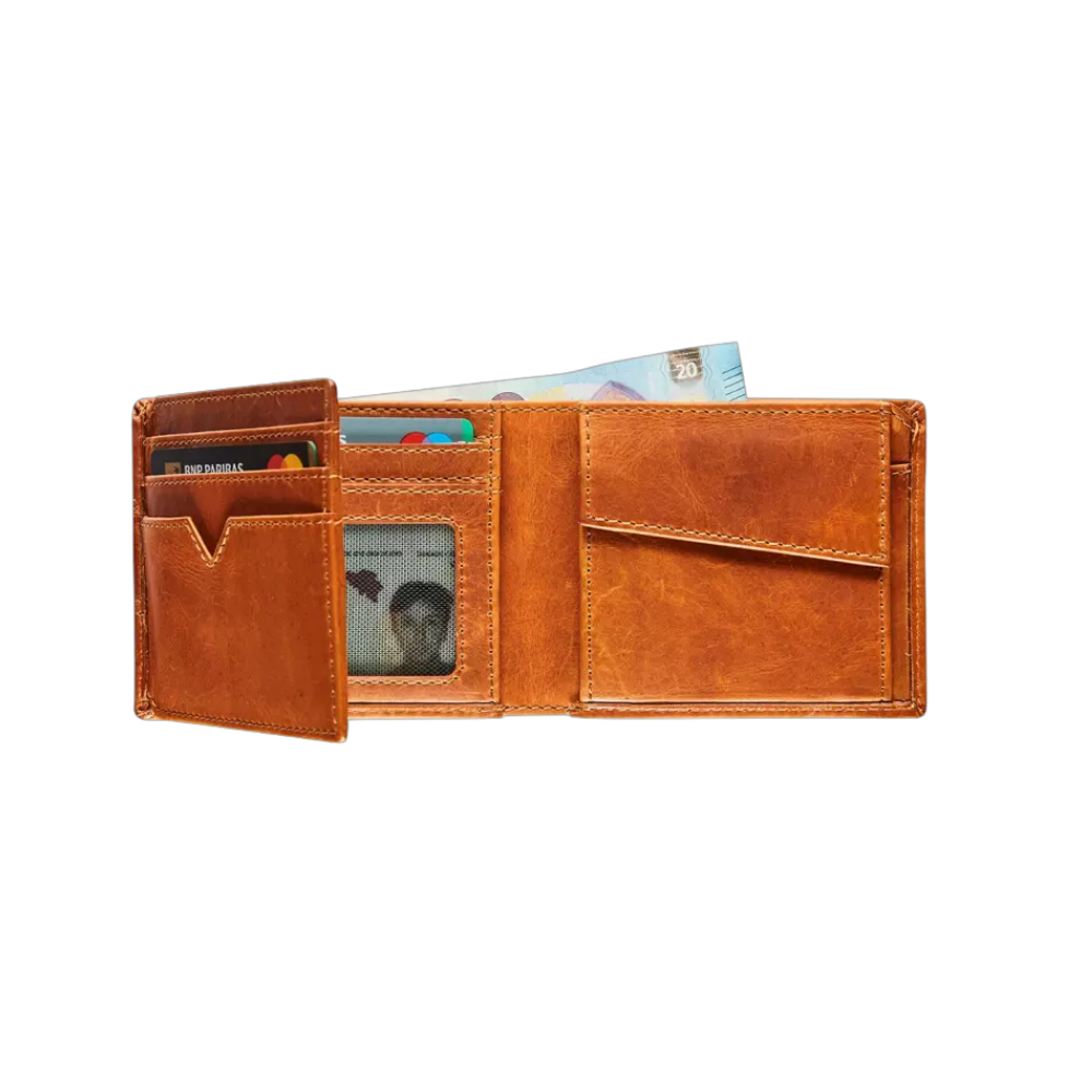 "Maverick Leder-Geldbörse geöffnet, mit Fächern für Karten und Geldscheine"