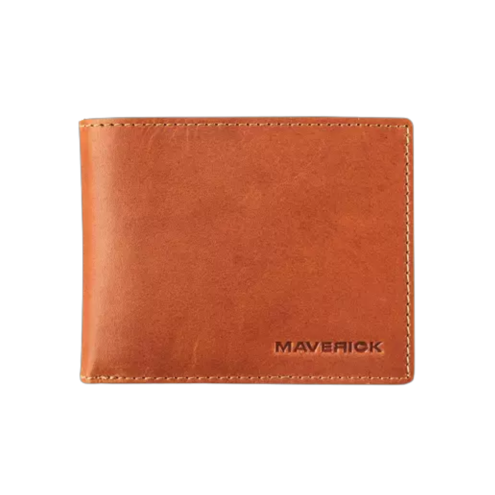 Maverick cognac leather RFID billfold wallet with 7 card slots, 2 bill compartments, and a coin pocket.