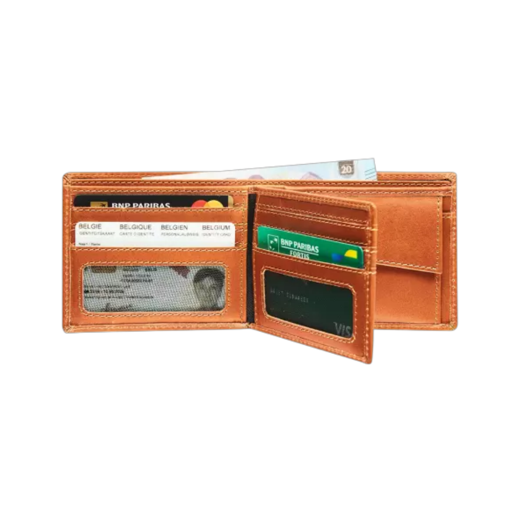 Compact Maverick cognac leather wallet with RFID protection, card slots, and a coin compartment.