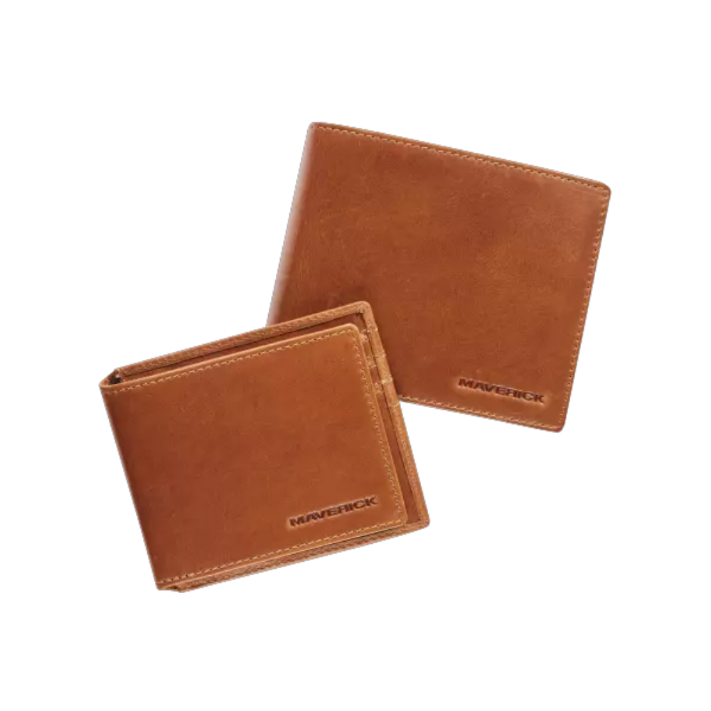 Compact Maverick cognac leather wallet with removable cardholder and RFID protection for secure storage.
