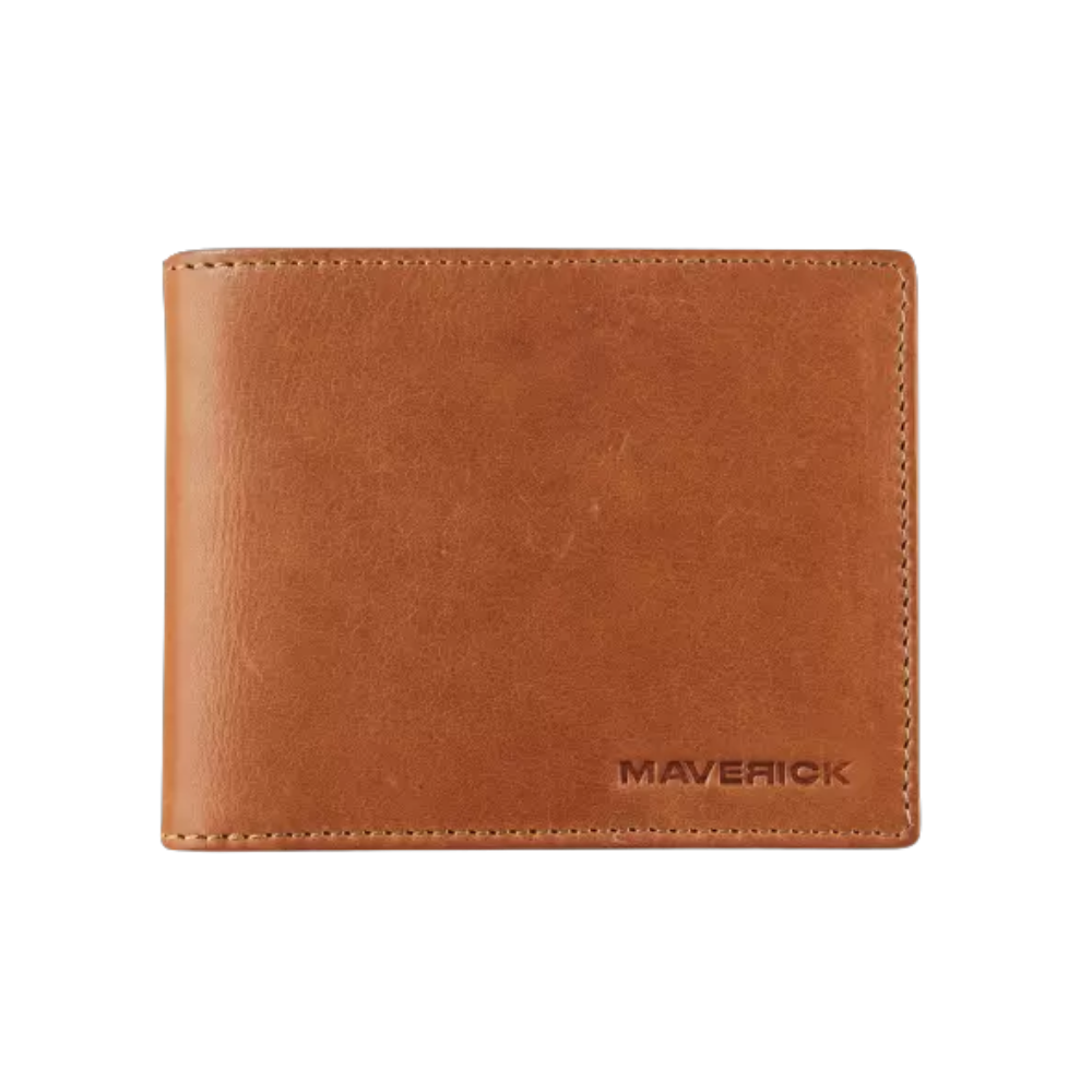 Maverick cognac leather RFID billfold wallet with zipper and extra card slots.
