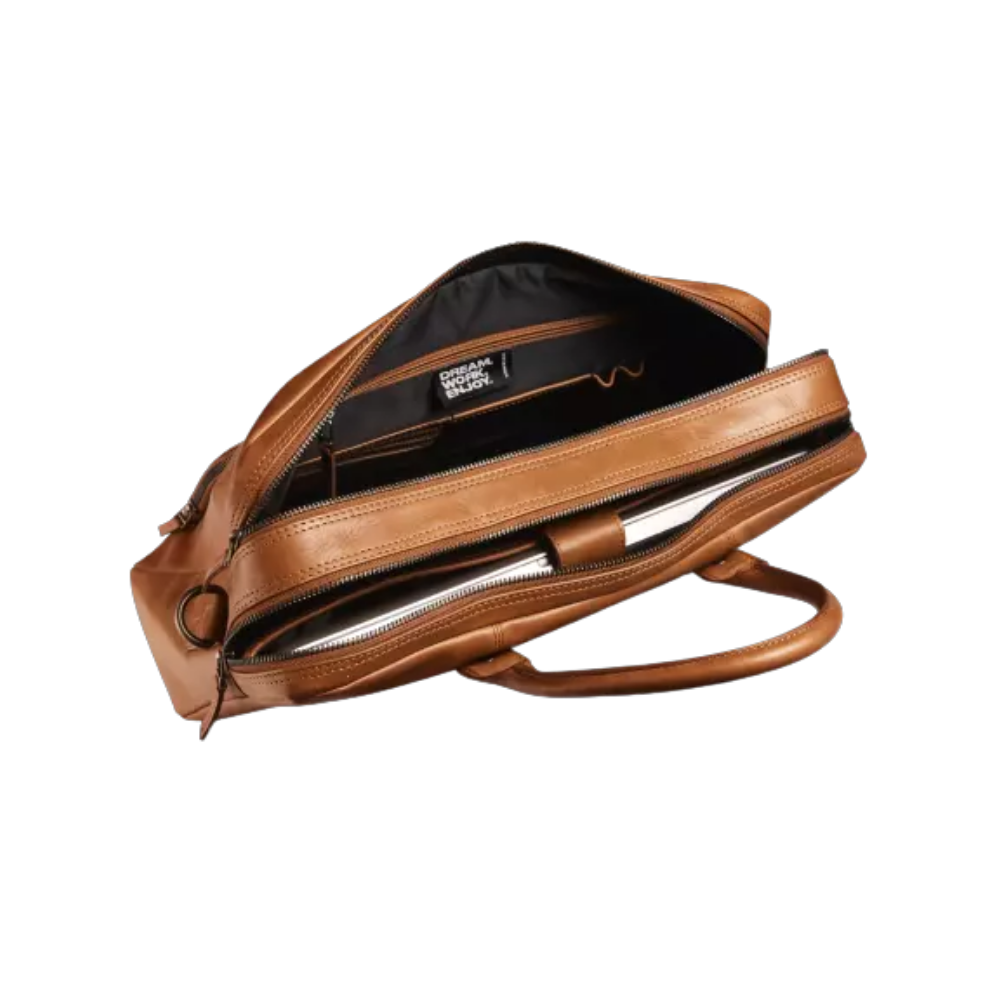 Open view of Maverick New Men Leather Business Bag showing the internal compartments.