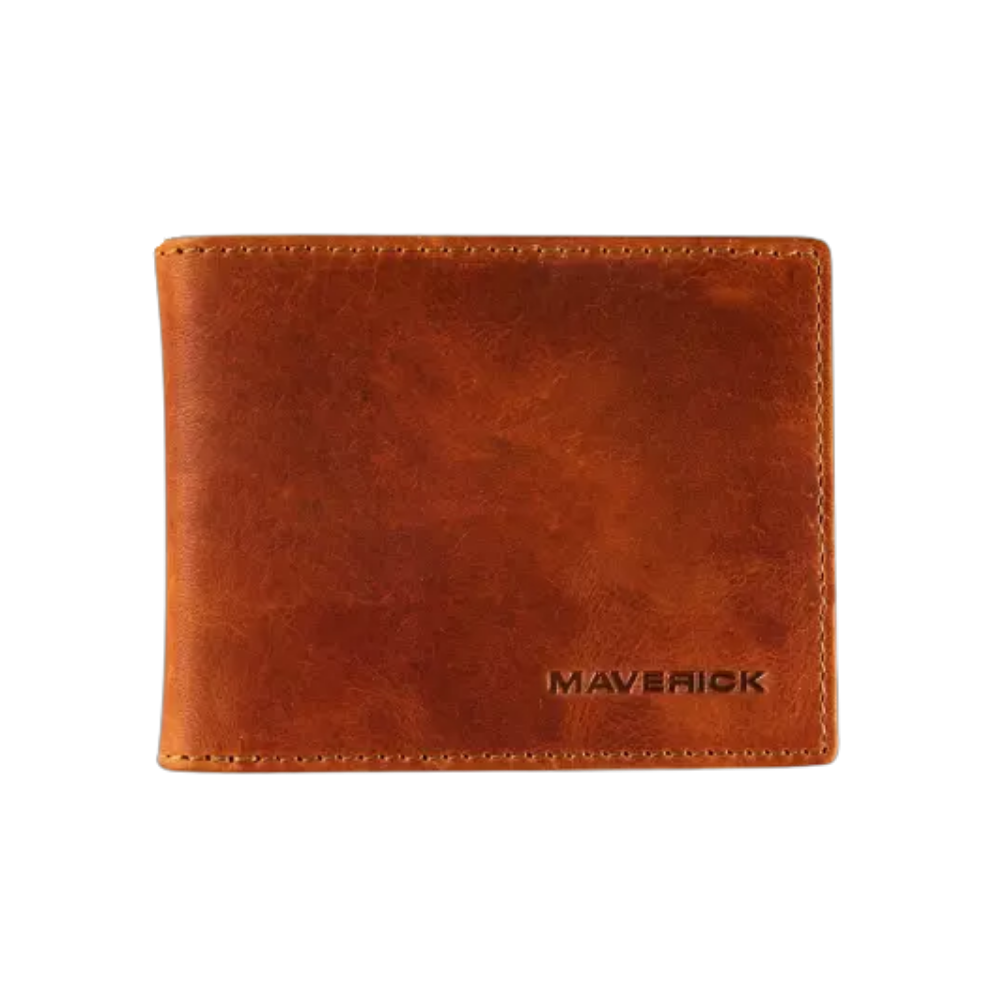 Maverick cognac leather compact billfold wallet with RFID protection, card slots, and banknote compartments.