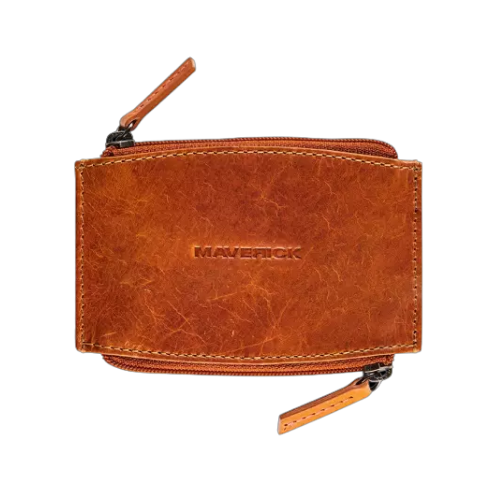 Maverick cognac leather double pocket coin purse with zipper compartments and key rings.