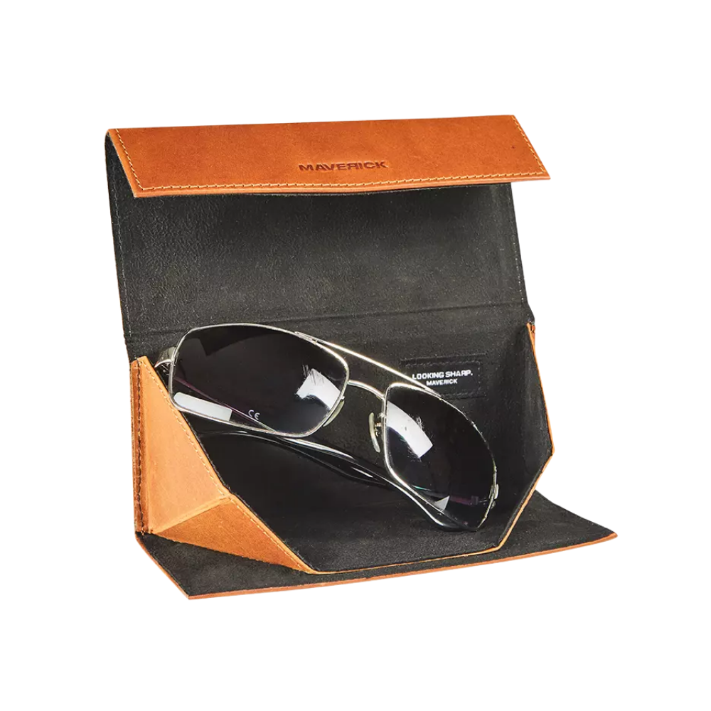 Open view of Maverick New Men leather eyeglasses case showing the eyeglasses inside.