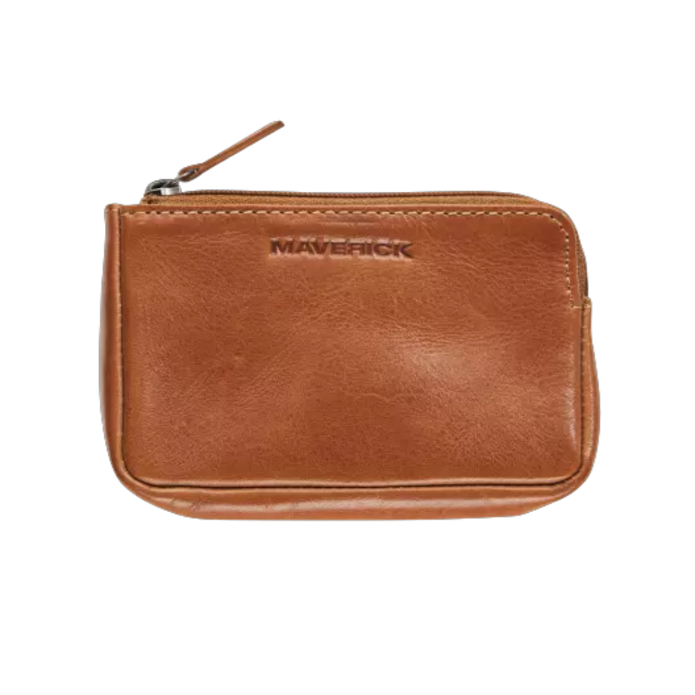 Maverick cognac leather pocket coin purse with zipper, key rings, and RFID protection.